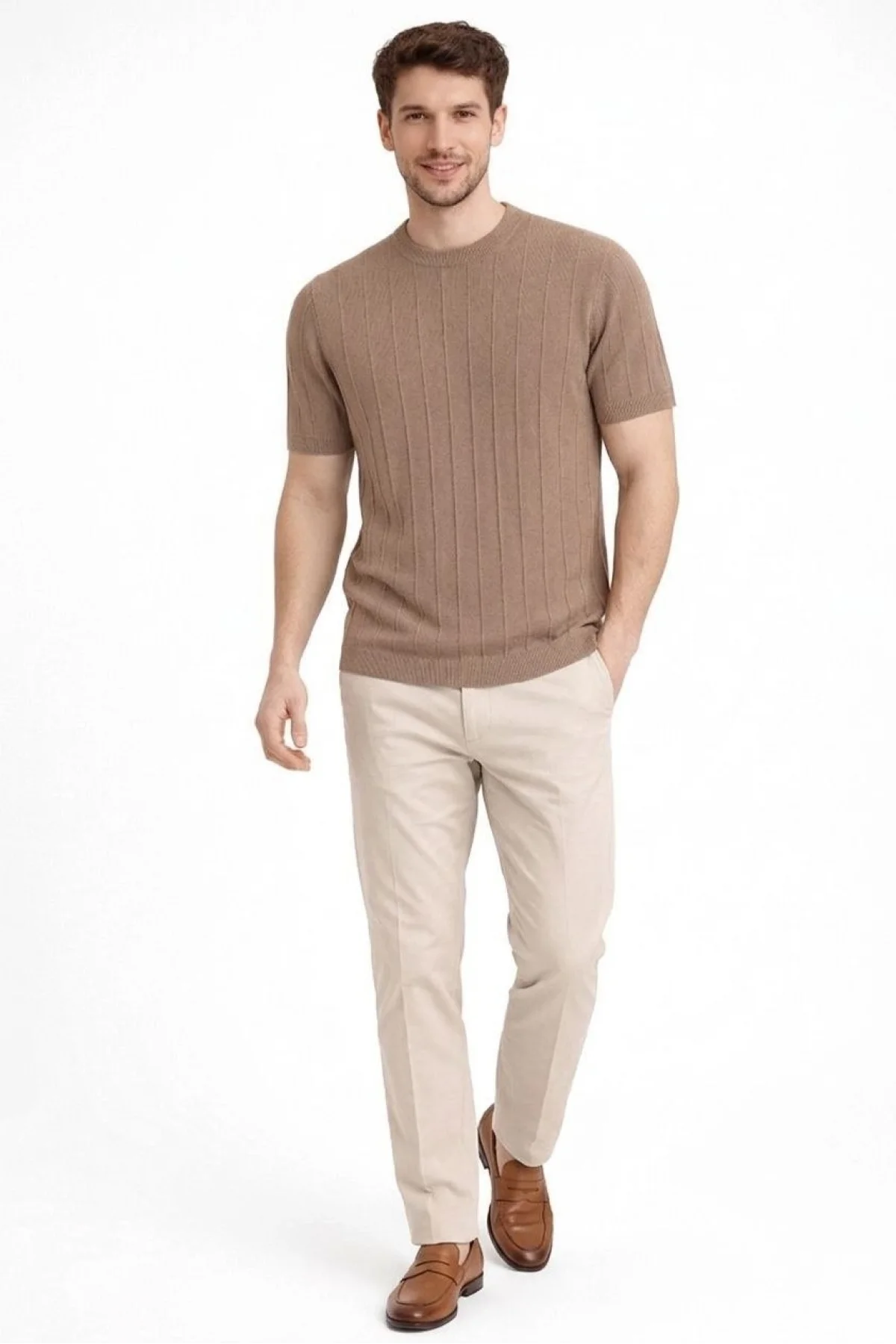 Erkek Yazlık Fitilli Triko Tişört Kısa Kol Bisiklet Yaka T-Shirt - Kahverengi