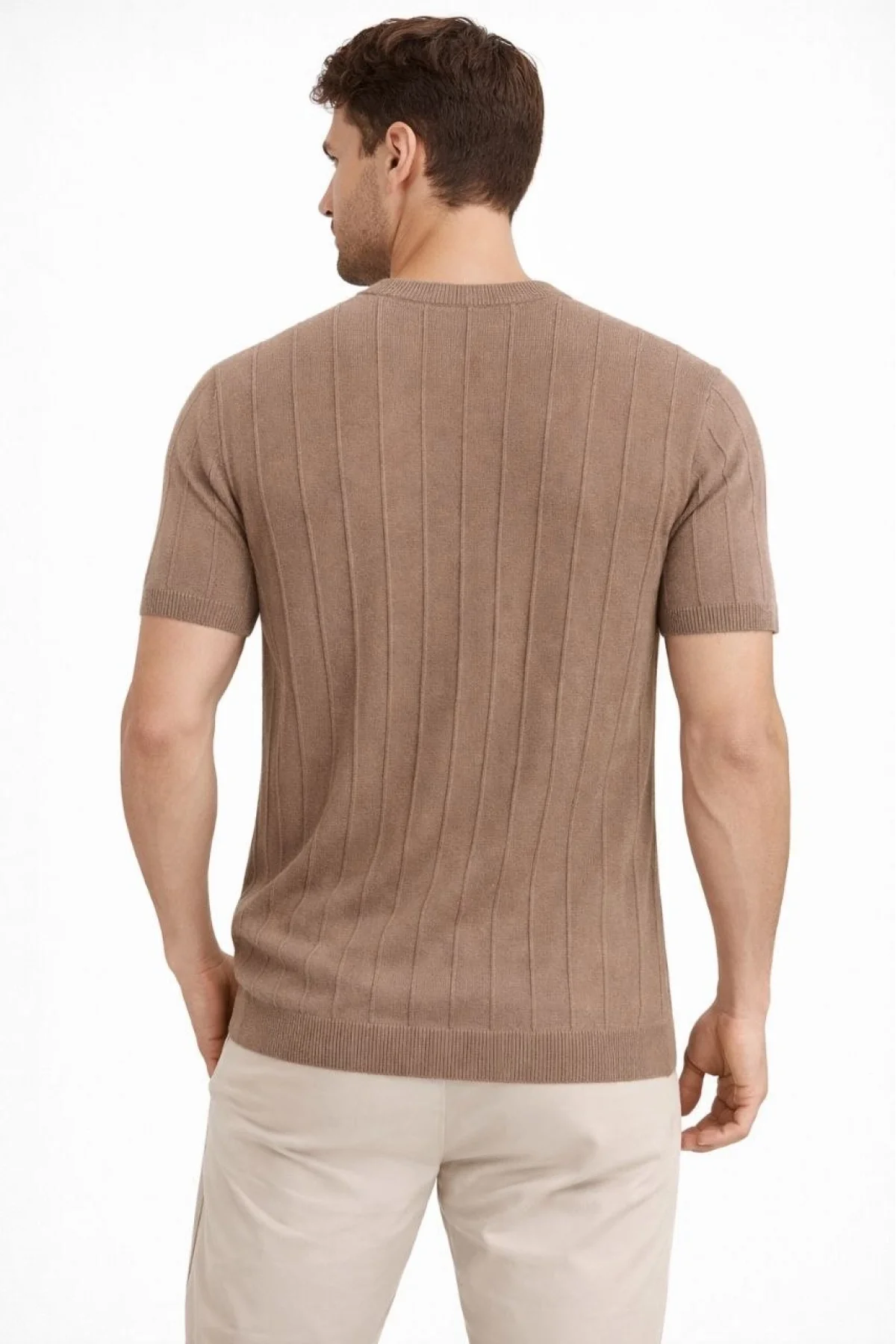 Erkek Yazlık Fitilli Triko Tişört Kısa Kol Bisiklet Yaka T-Shirt - Kahverengi