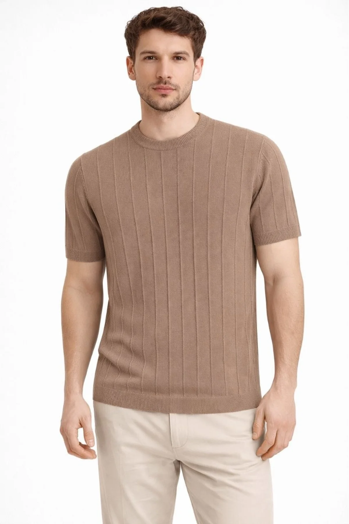 Erkek Yazlık Fitilli Triko Tişört Kısa Kol Bisiklet Yaka T-Shirt - Kahverengi