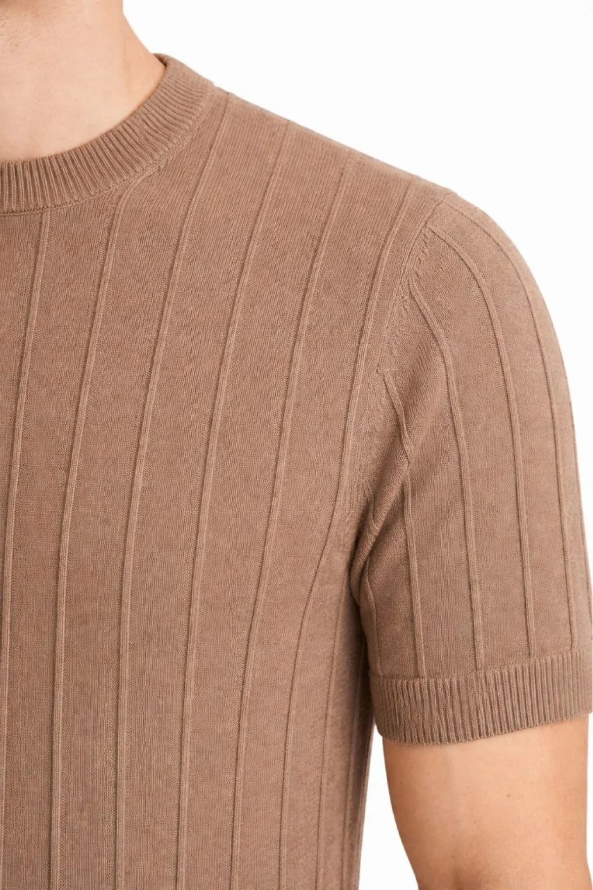 Erkek Yazlık Fitilli Triko Tişört Kısa Kol Bisiklet Yaka T-Shirt - Kahverengi