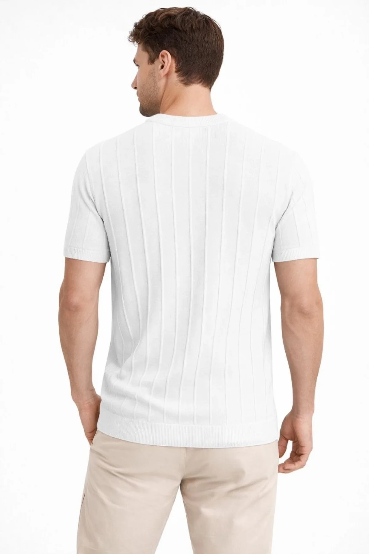 Erkek Yazlık Fitilli Triko Tişört Kısa Kol Bisiklet Yaka T-Shirt - Beyaz