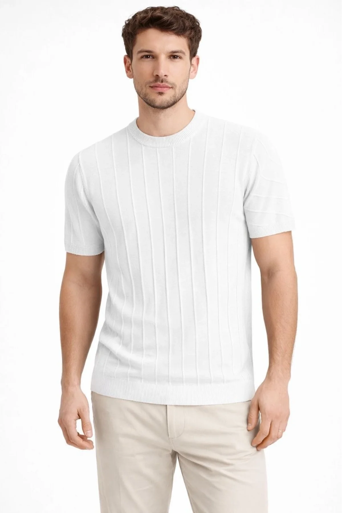 Erkek Yazlık Fitilli Triko Tişört Kısa Kol Bisiklet Yaka T-Shirt - Beyaz