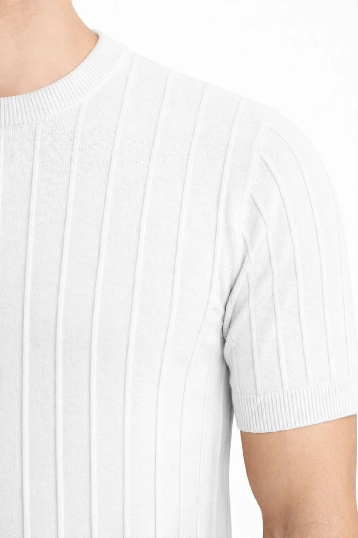 Erkek Yazlık Fitilli Triko Tişört Kısa Kol Bisiklet Yaka T-Shirt - Beyaz