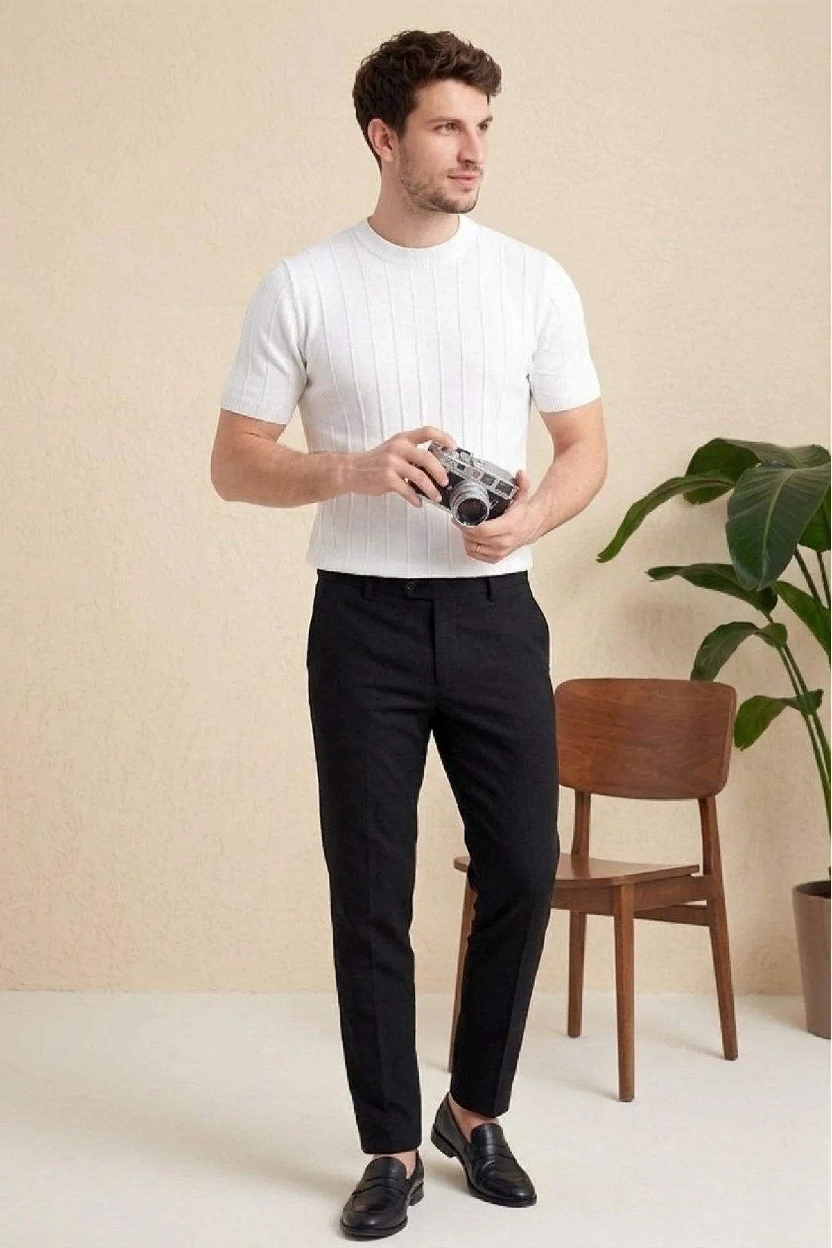 Erkek Yazlık Fitilli Triko Tişört Kısa Kol Bisiklet Yaka T-Shirt - Beyaz