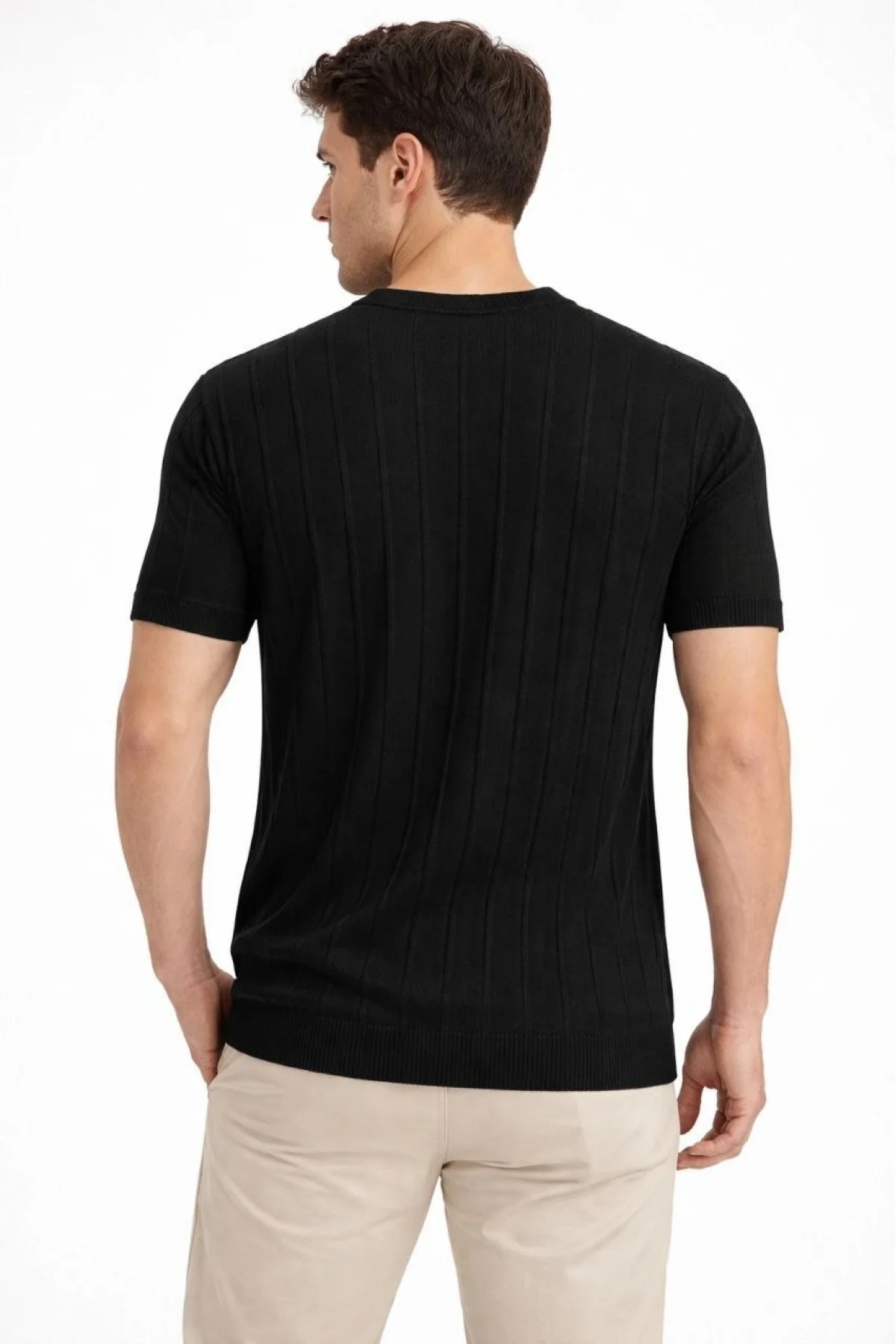 Erkek Yazlık Fitilli Triko Tişört Kısa Kol Bisiklet Yaka T-Shirt - Siyah