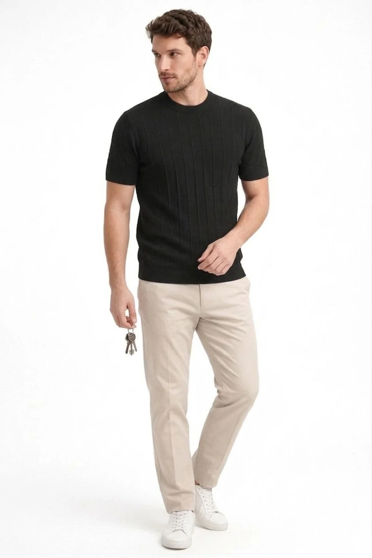 Erkek Yazlık Fitilli Triko Tişört Kısa Kol Bisiklet Yaka T-Shirt - Siyah