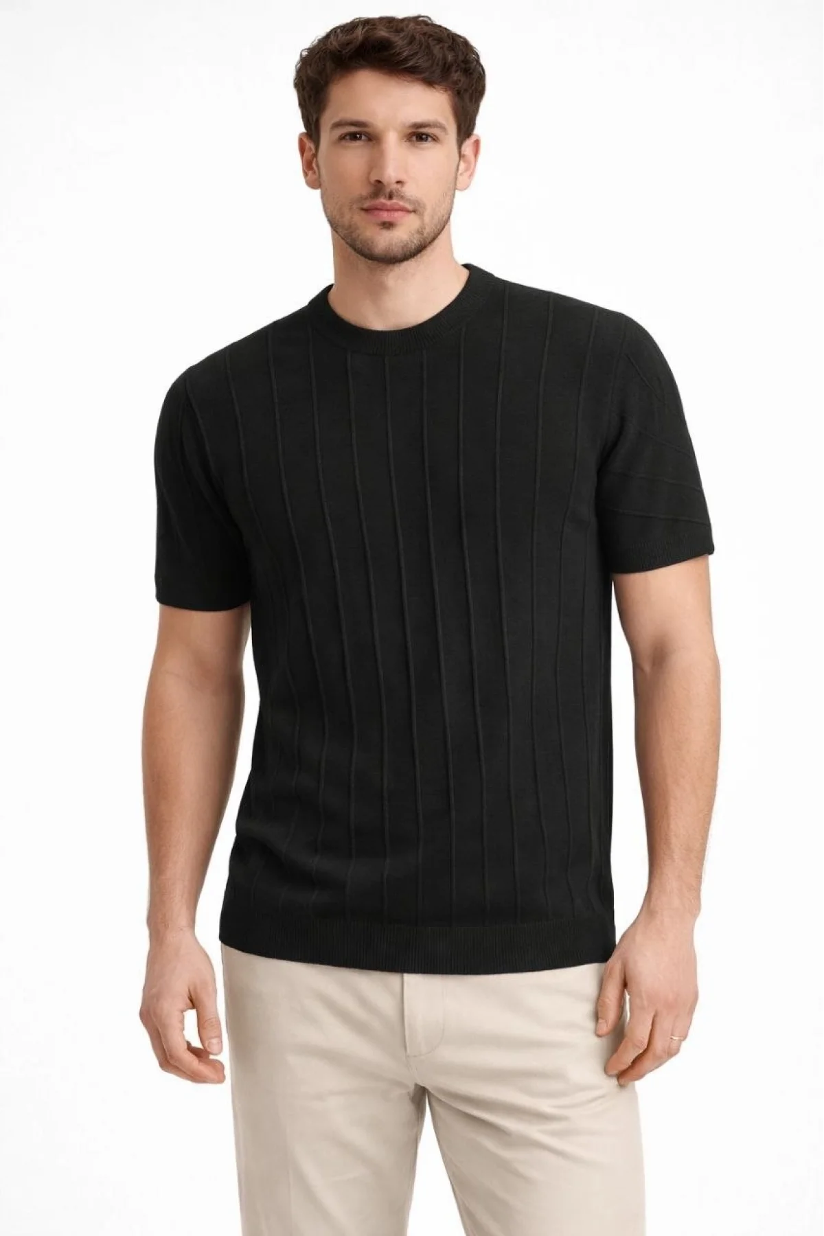 Erkek Yazlık Fitilli Triko Tişört Kısa Kol Bisiklet Yaka T-Shirt - Siyah