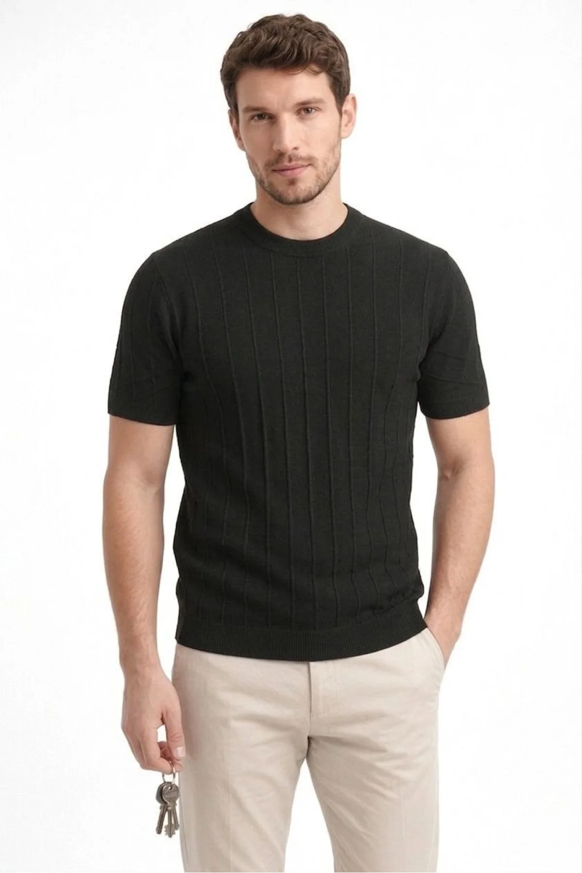 Erkek Yazlık Fitilli Triko Tişört Kısa Kol Bisiklet Yaka T-Shirt - Siyah