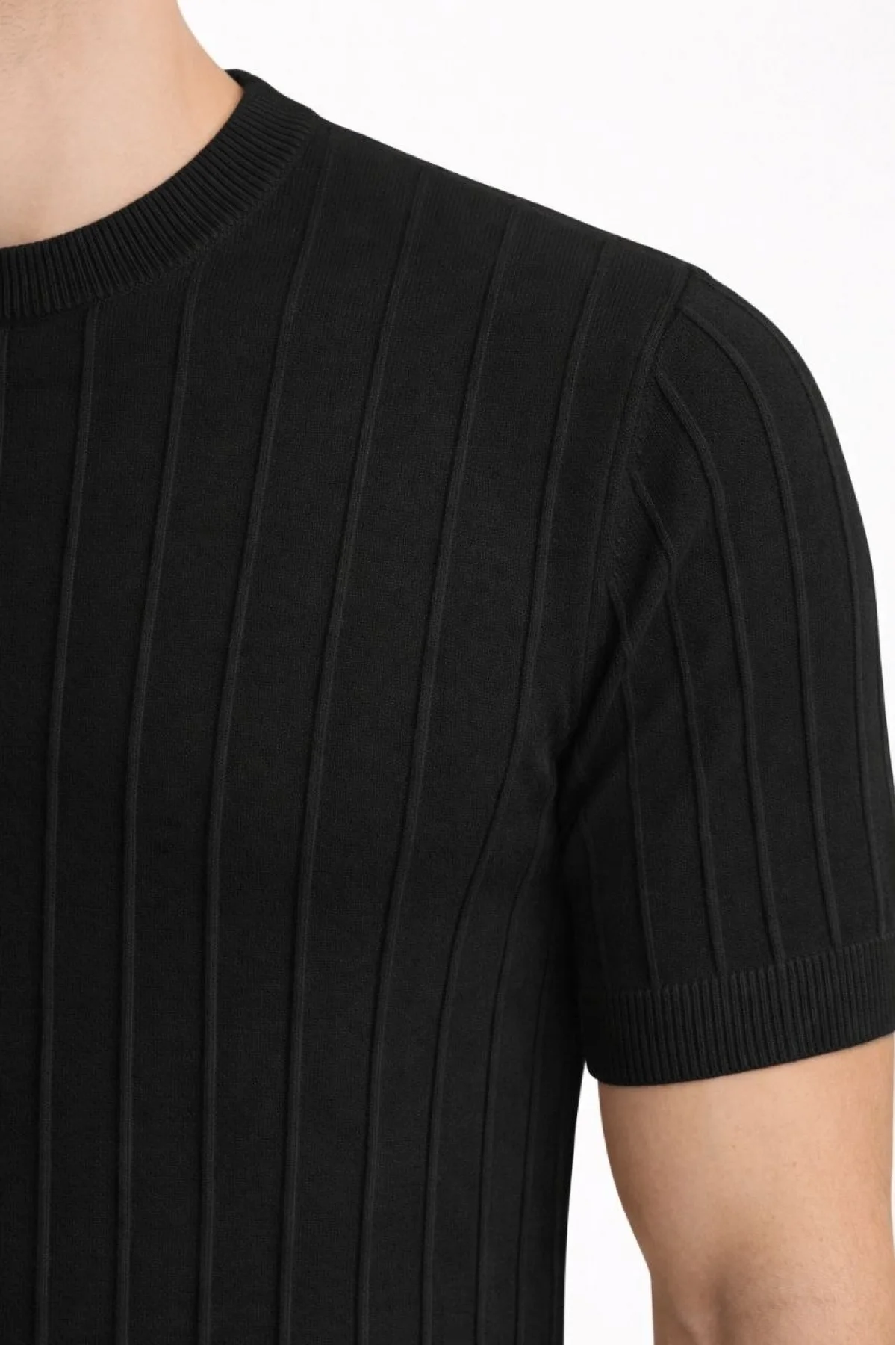 Erkek Yazlık Fitilli Triko Tişört Kısa Kol Bisiklet Yaka T-Shirt - Siyah