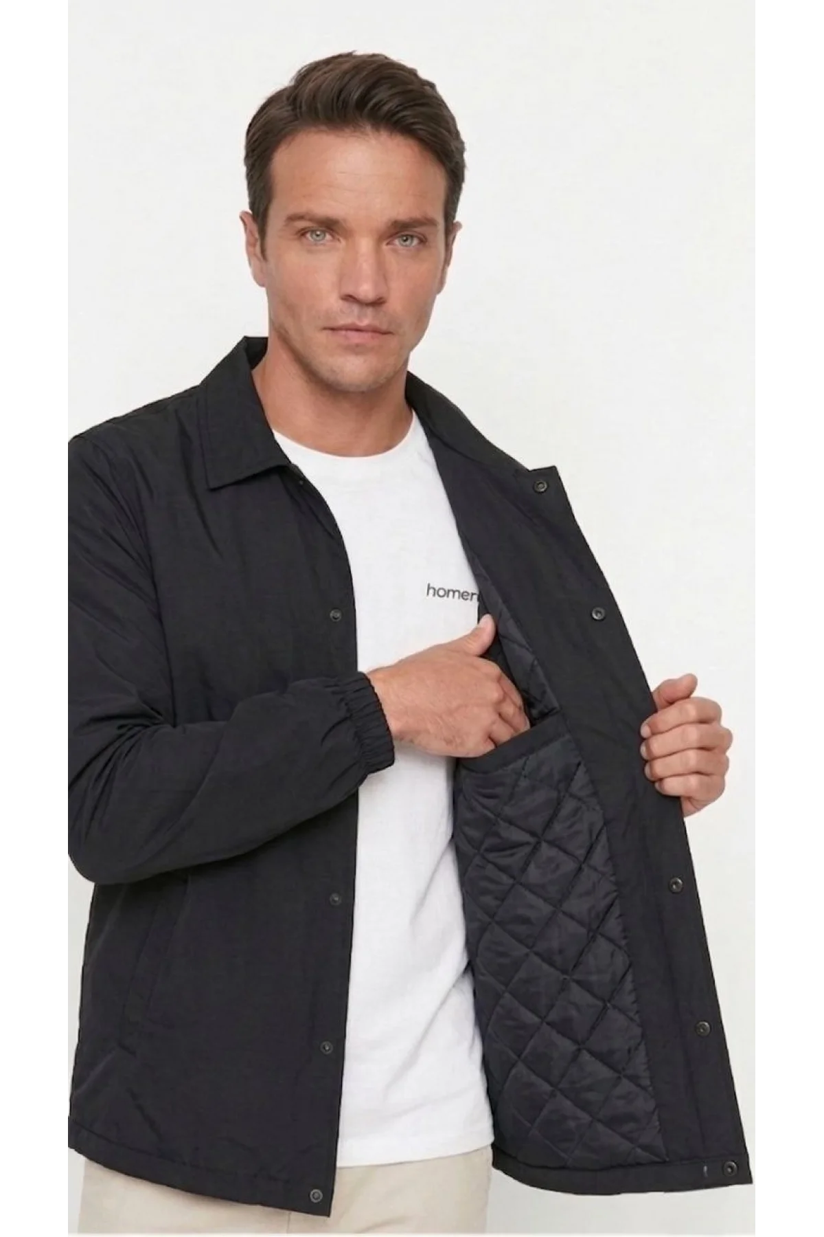 Erkek Yağmur İtici İç Astarlı Çıtçıtlı İç Cepli Dış Cepli Mevsimlik Ceket - Siyah