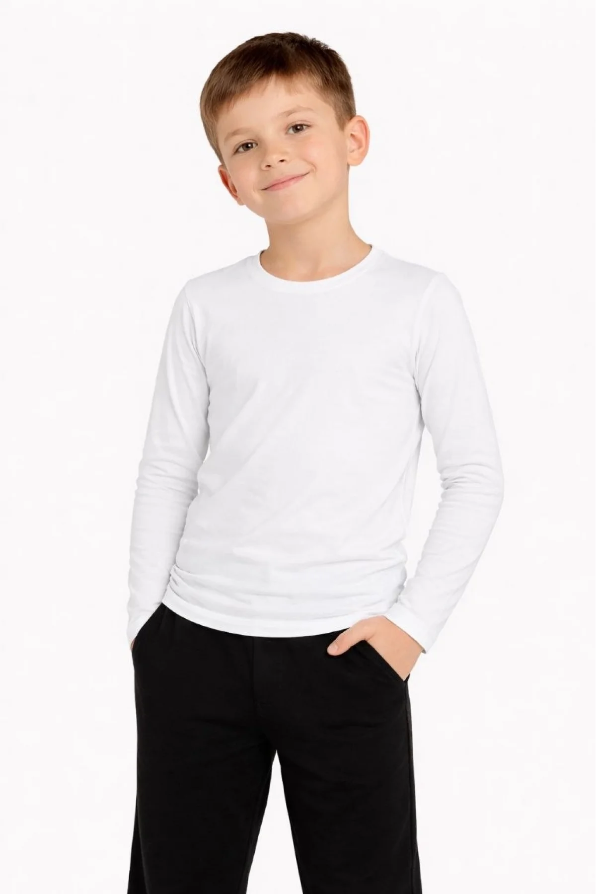 Erkek Çocuk Basic Uzun Kollu Tişört Okul Günlük Rahat T-Shirt - Beyaz