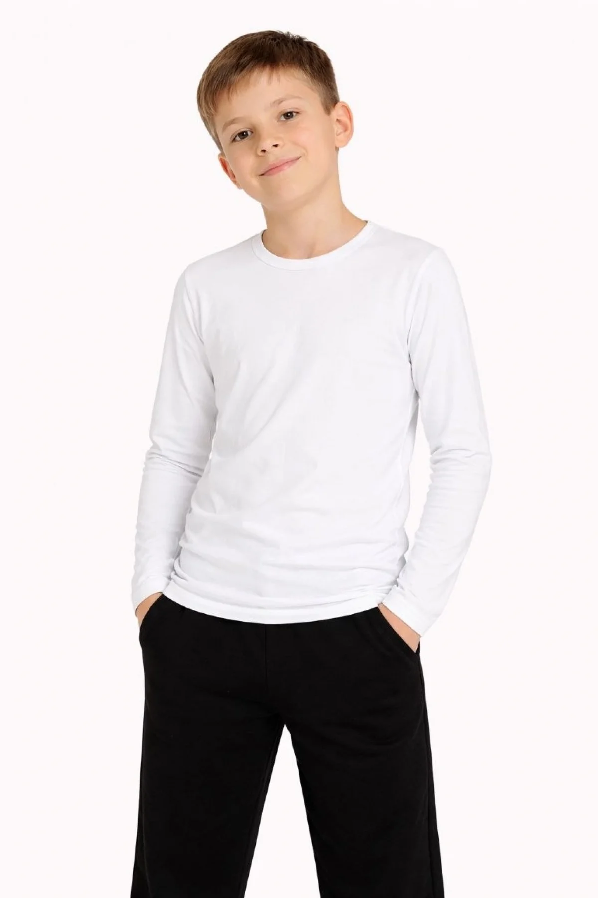 Erkek Çocuk Basic Uzun Kollu Tişört Okul Günlük Rahat T-Shirt - Beyaz