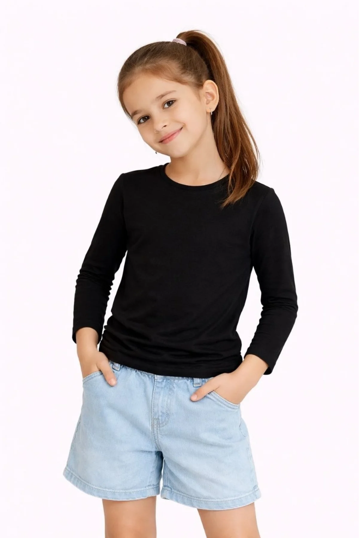 Kız Çocuk Basic Uzun Kollu Tişört Okul Günlük Rahat T-Shirt - Siyah