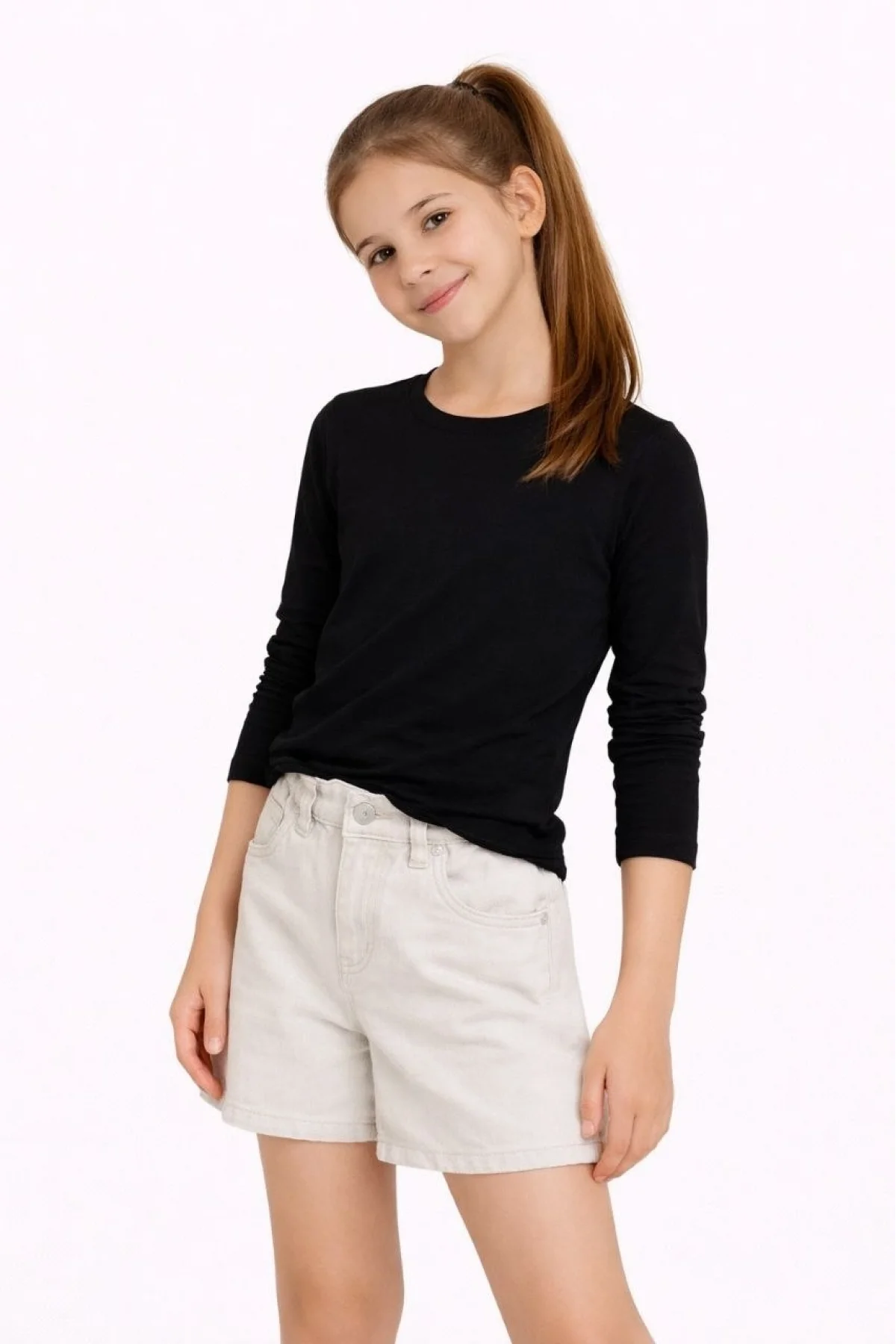 Kız Çocuk Basic Uzun Kollu Tişört Okul Günlük Rahat T-Shirt - Siyah