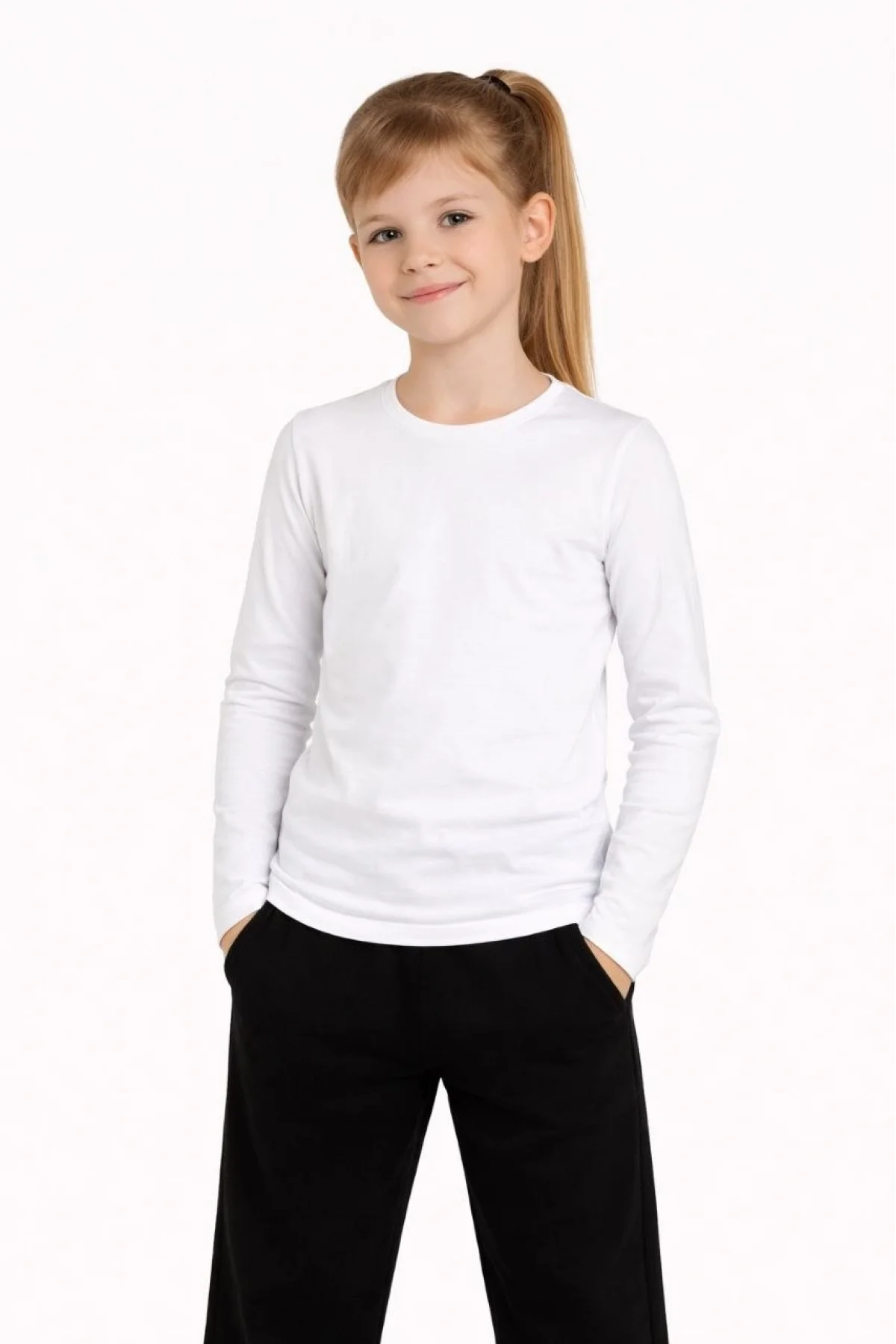 Kız Çocuk Basic Uzun Kollu Tişört Okul Günlük Rahat T-Shirt - Beyaz