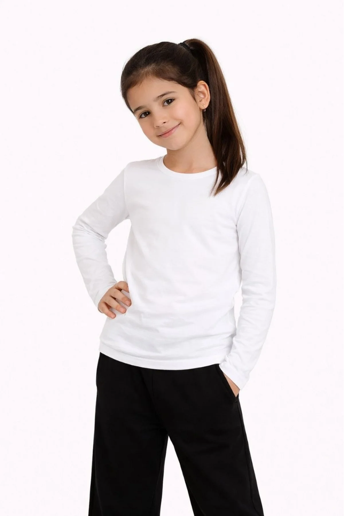 Kız Çocuk Basic Uzun Kollu Tişört Okul Günlük Rahat T-Shirt - Beyaz