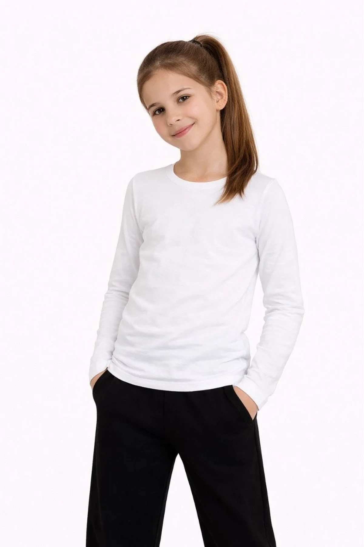 Kız Çocuk Basic Uzun Kollu Tişört Okul Günlük Rahat T-Shirt - Beyaz