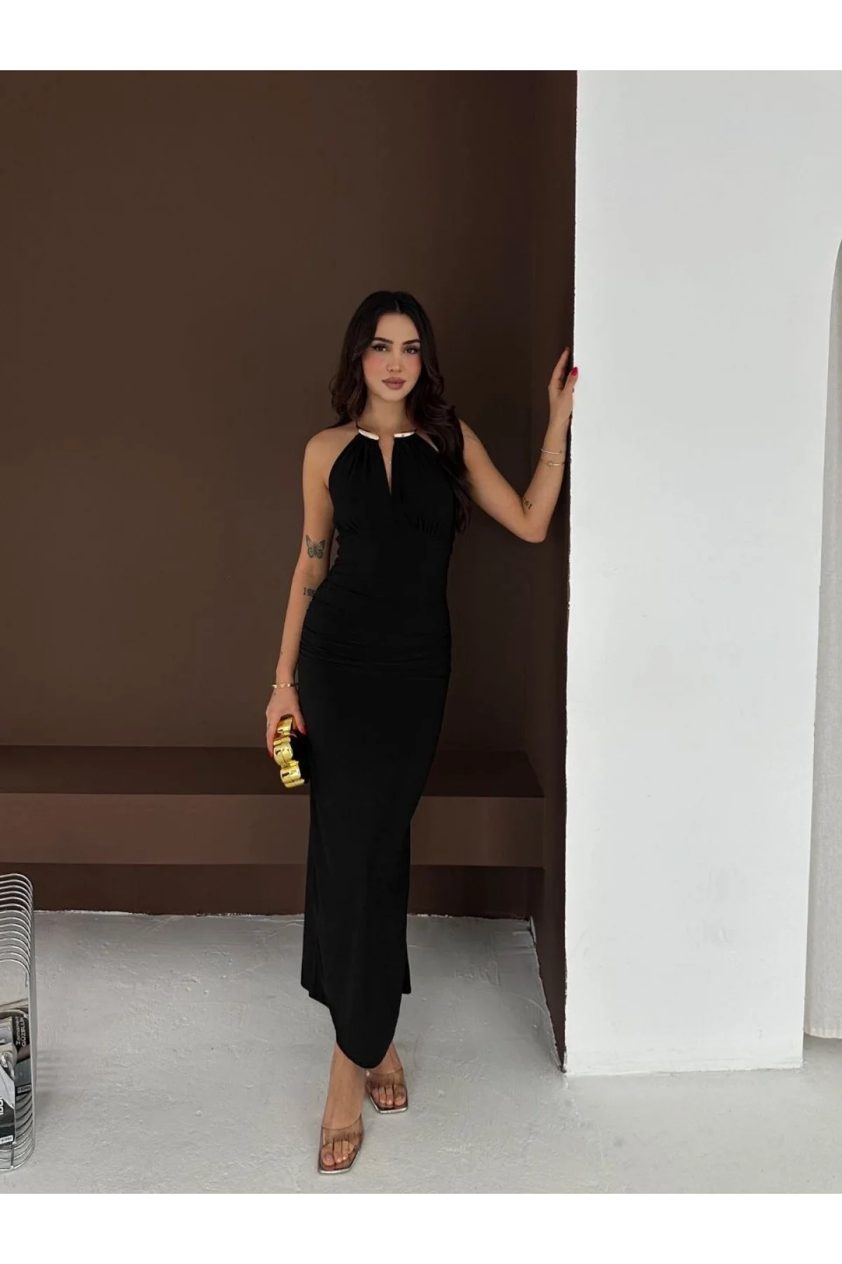 Kadın Uzun Abiye Elbise Yırtmaçlı Sırt Dekolteli Şık Gece Elbisesi - Siyah