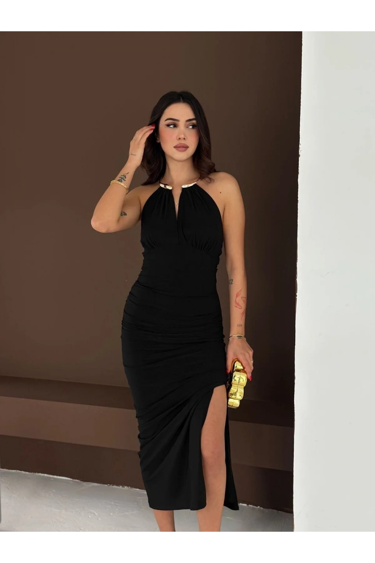 Kadın Uzun Abiye Elbise Yırtmaçlı Sırt Dekolteli Şık Gece Elbisesi - Siyah