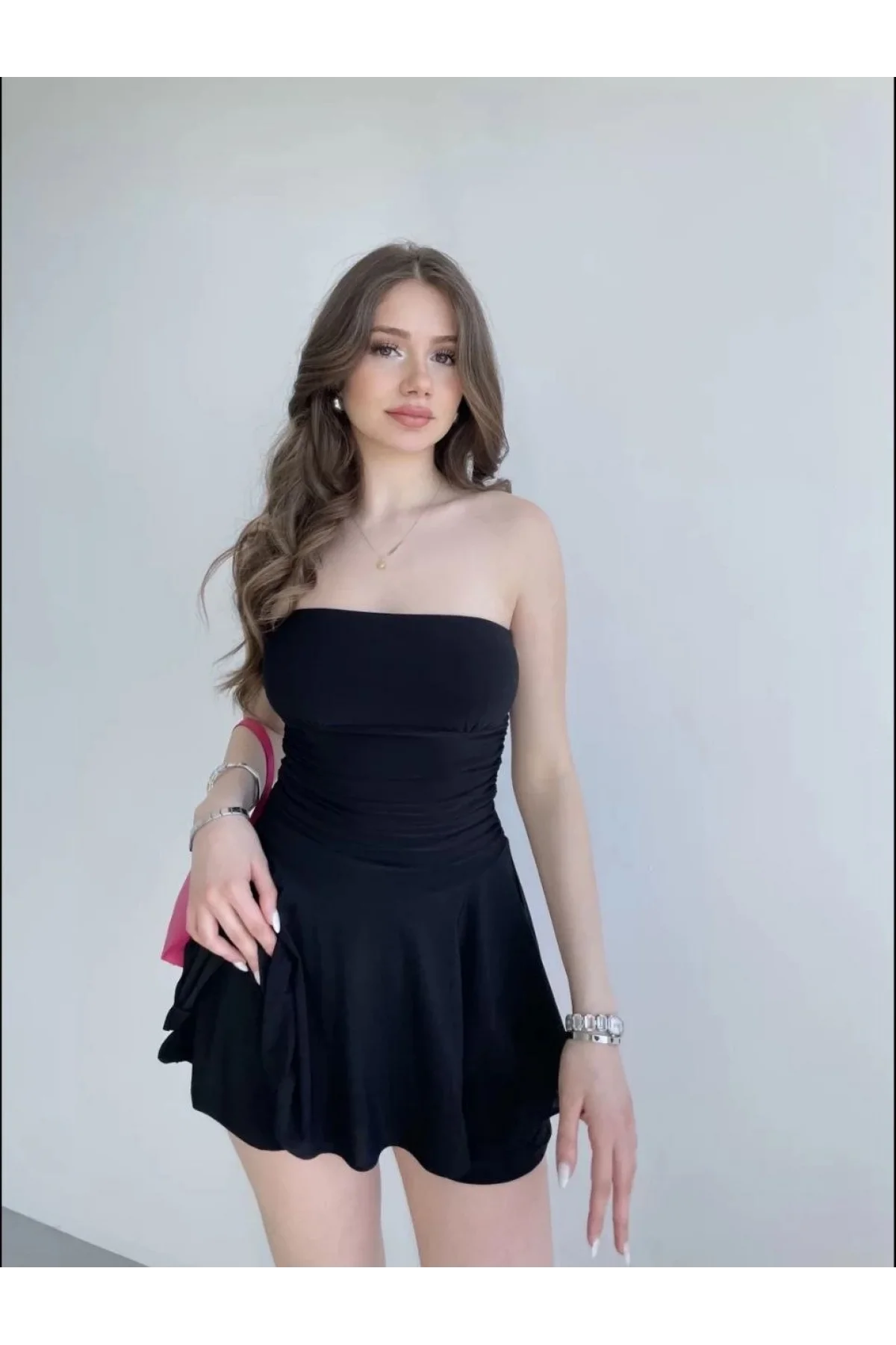 Kadın Straplez Mini Etek Görünümlü Şortlu Elbise Büzgülü Şık Yazlık - Siyah