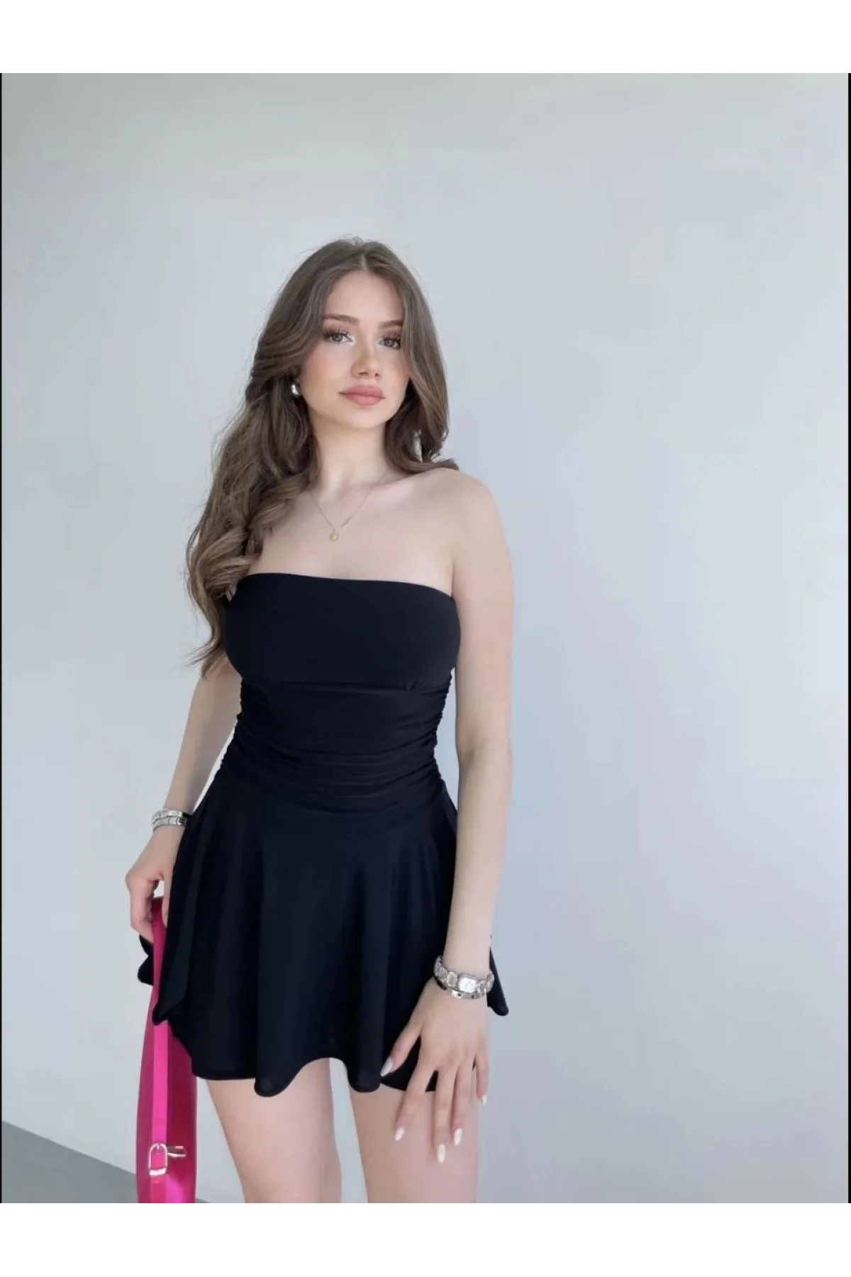 Kadın Straplez Mini Etek Görünümlü Şortlu Elbise Büzgülü Şık Yazlık - Siyah