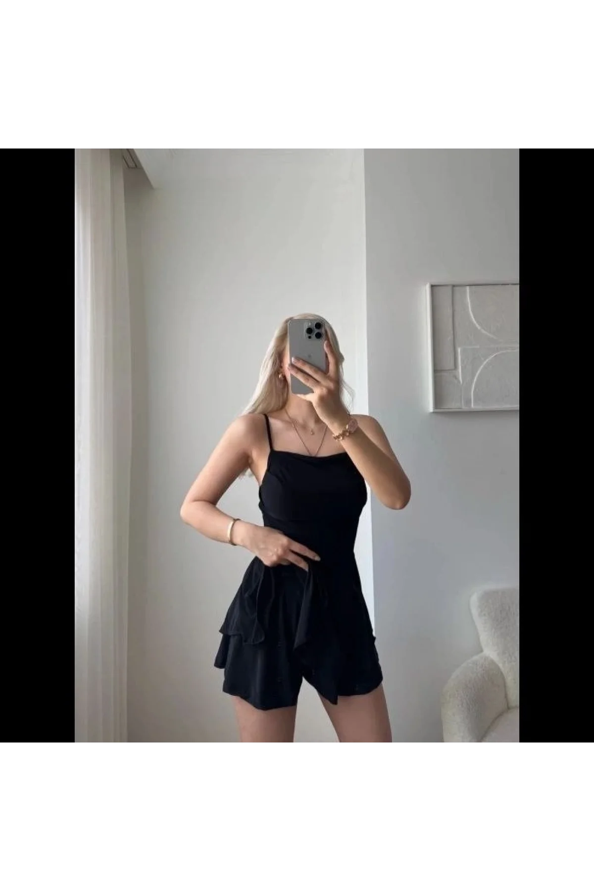 Kadın Straplez Mini Etek Görünümlü Şortlu Elbise Büzgülü Şık Yazlık - Siyah