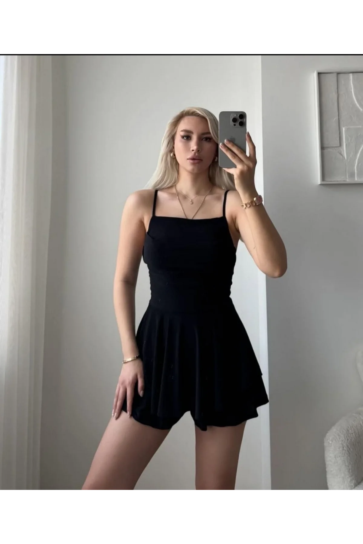 Kadın Straplez Mini Etek Görünümlü Şortlu Elbise Büzgülü Şık Yazlık - Siyah