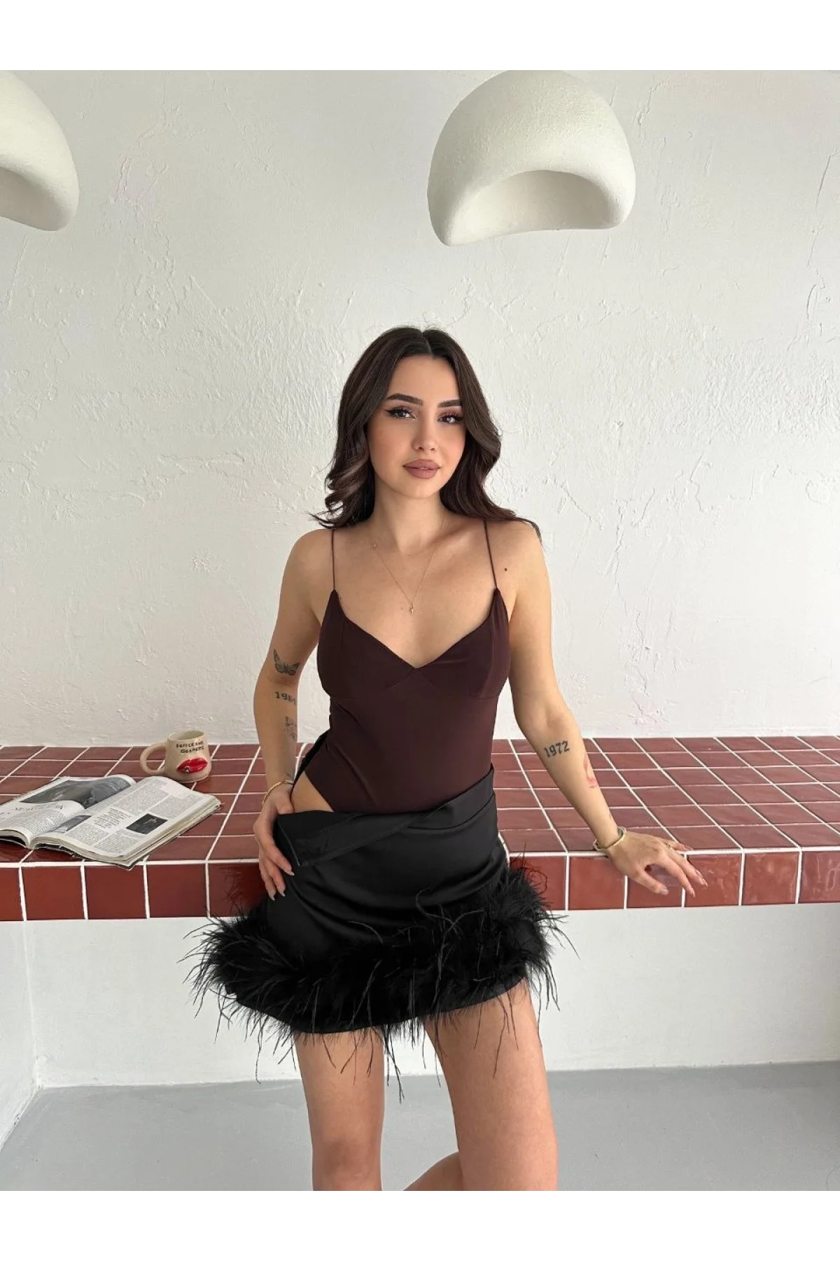 Kadın Derin Dekolte Askılı Body Sırt Dekolteli Şık Kolsuz Yazlık Bodysuit - Kahverengi