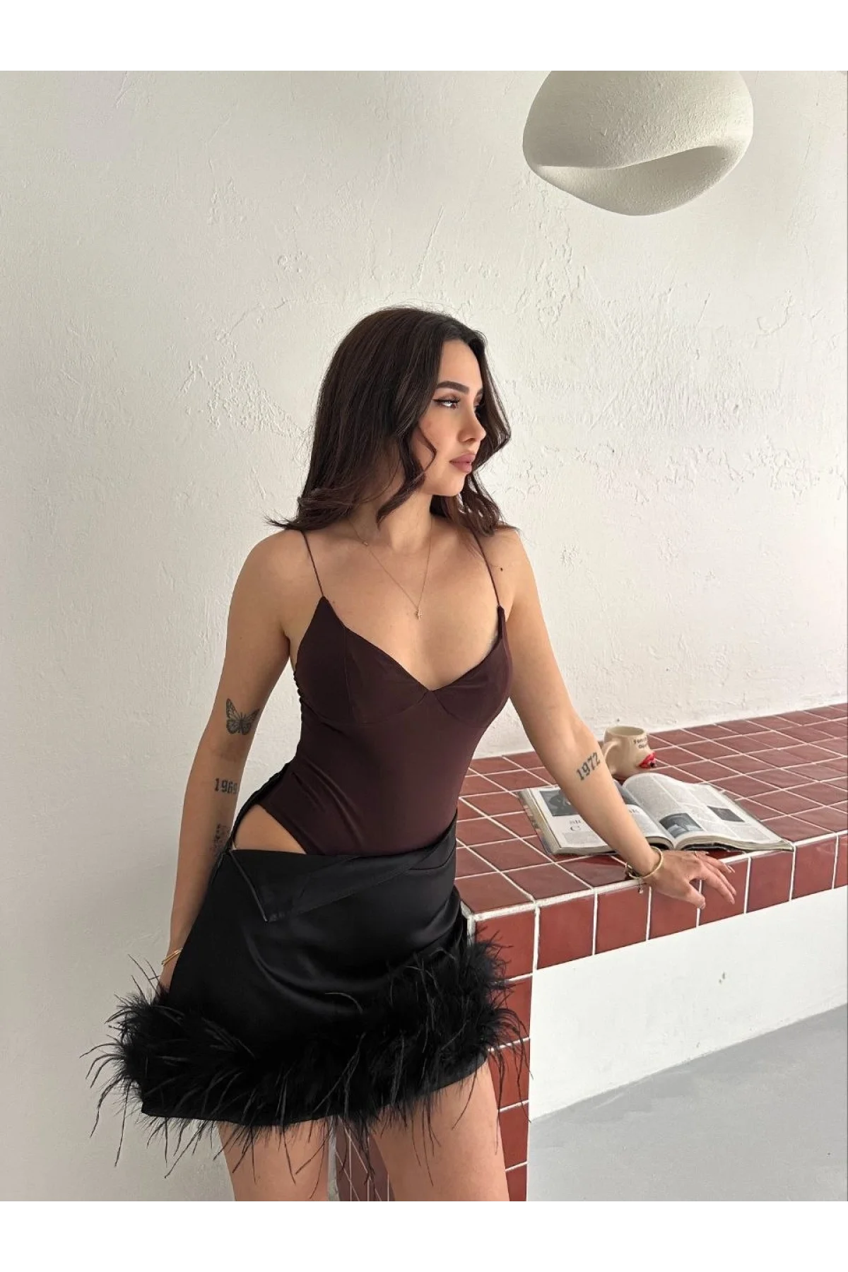 Kadın Derin Dekolte Askılı Body Sırt Dekolteli Şık Kolsuz Yazlık Bodysuit - Kahverengi