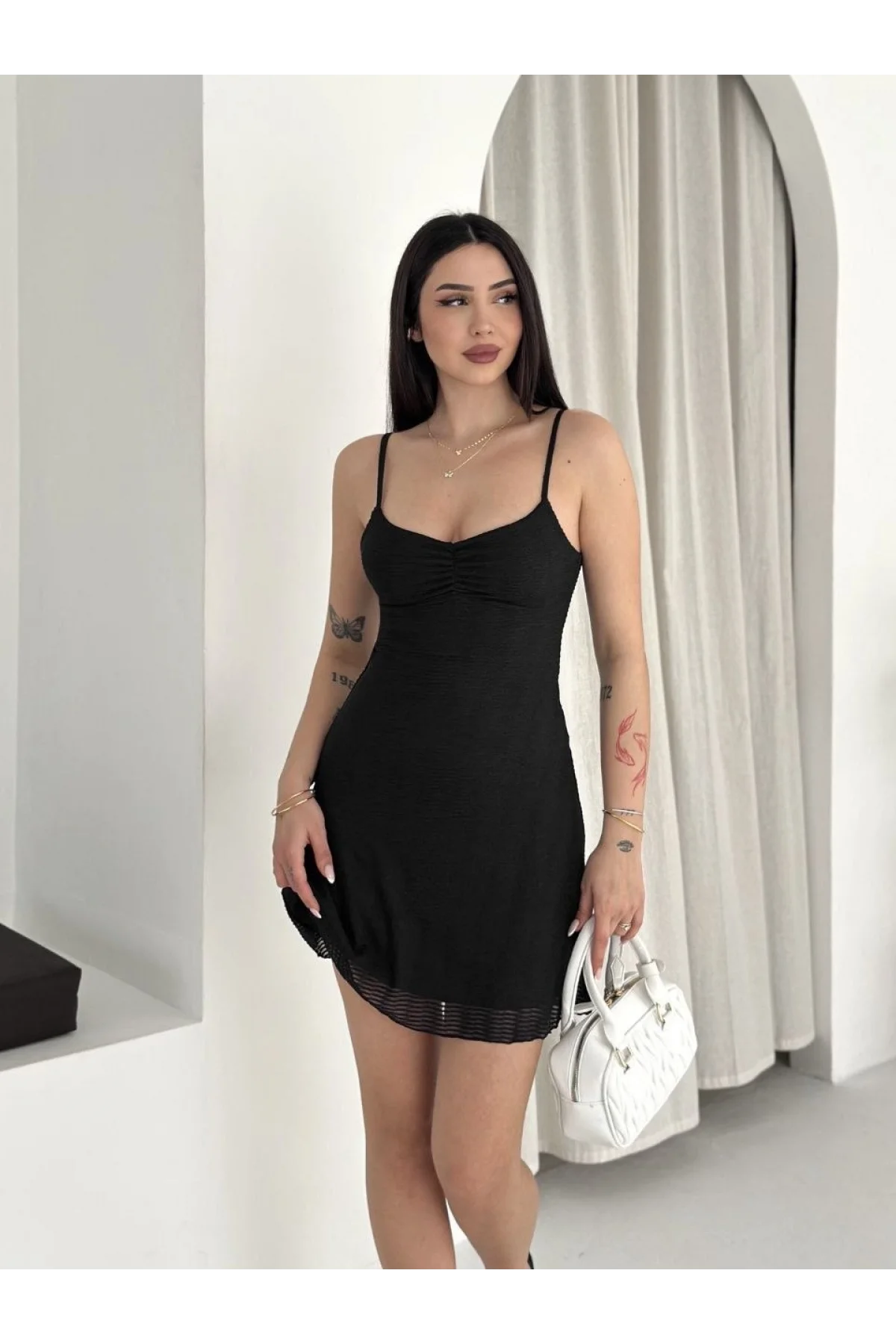 Kadın Askılı Mini Elbise Drapeli Göğüs Detay Likralı Yazlık Fit - Siyah