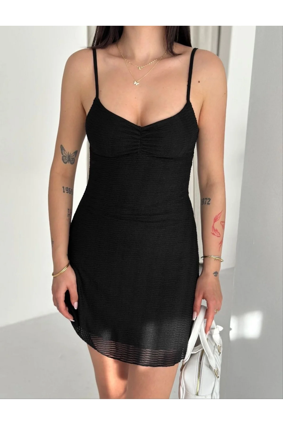 Kadın Askılı Mini Elbise Drapeli Göğüs Detay Likralı Yazlık Fit - Siyah