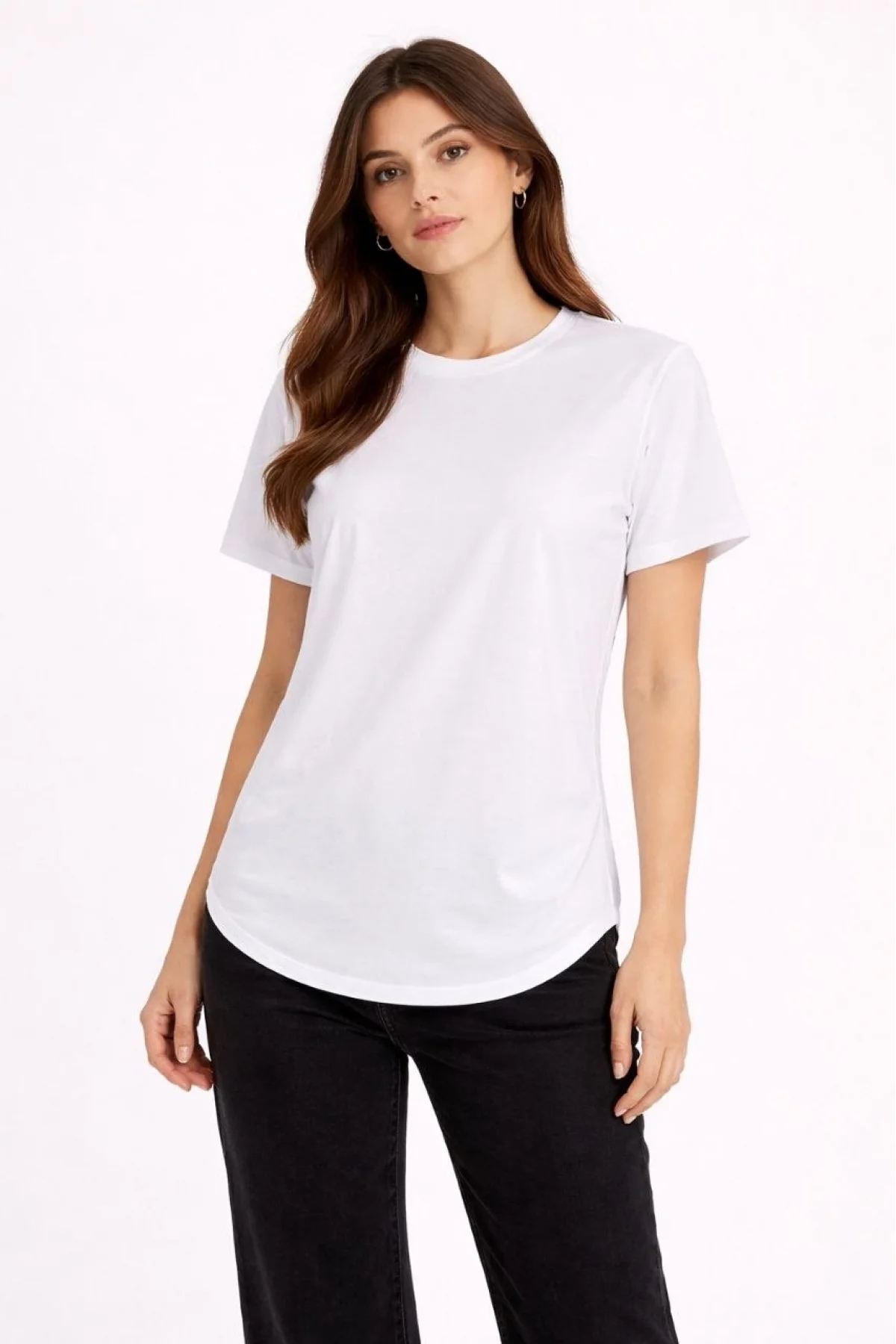 Kadın Basic T-Shirt Kısa Kol Bisiklet Yaka Oval Kesim Tişört - Beyaz