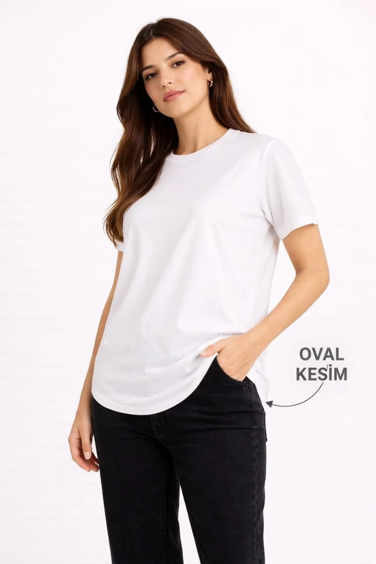 Kadın Basic T-Shirt Kısa Kol Bisiklet Yaka Oval Kesim Tişört - Beyaz