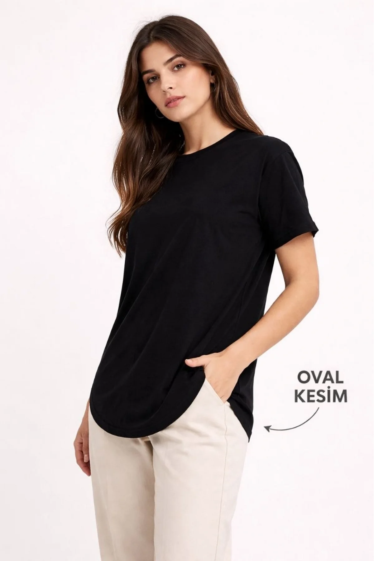 Kadın Basic T-Shirt Kısa Kol Bisiklet Yaka Oval Kesim Tişört - Siyah