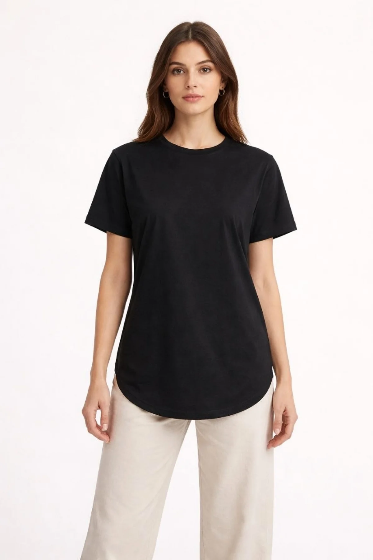 Kadın Basic T-Shirt Kısa Kol Bisiklet Yaka Oval Kesim Tişört - Siyah