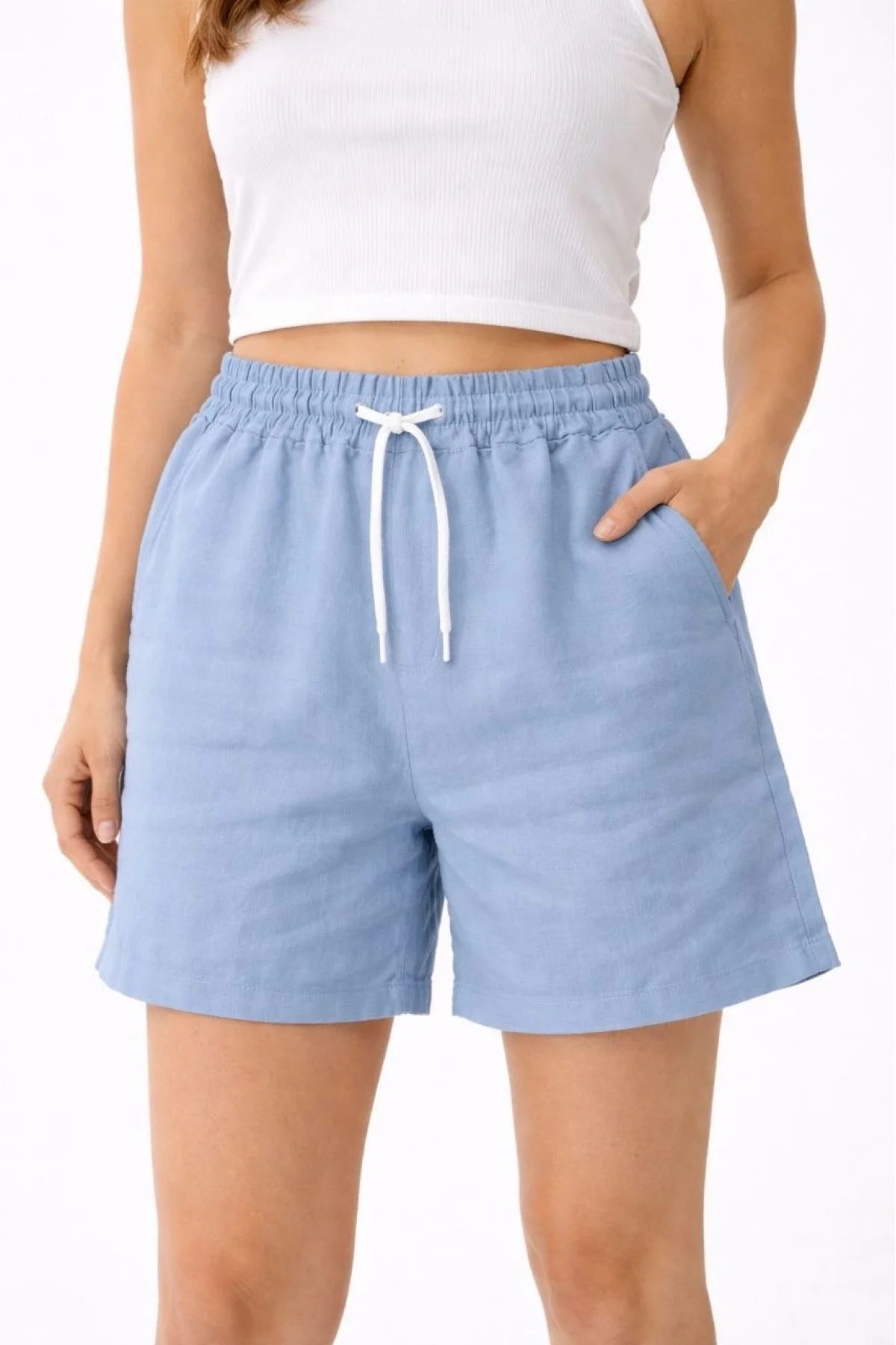 Kadın Keten Kumaş Cepli Rahat Kesim Bel Lastikli Şort - Mavi
