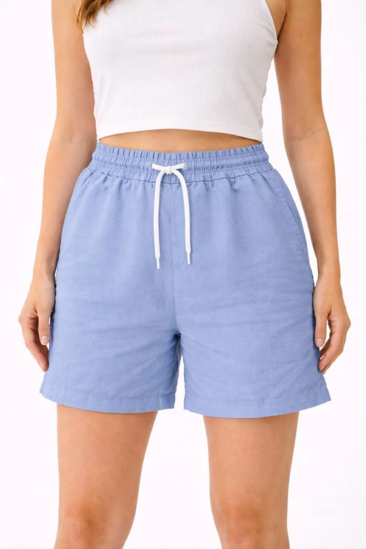 Kadın Keten Kumaş Cepli Rahat Kesim Bel Lastikli Şort - Mavi