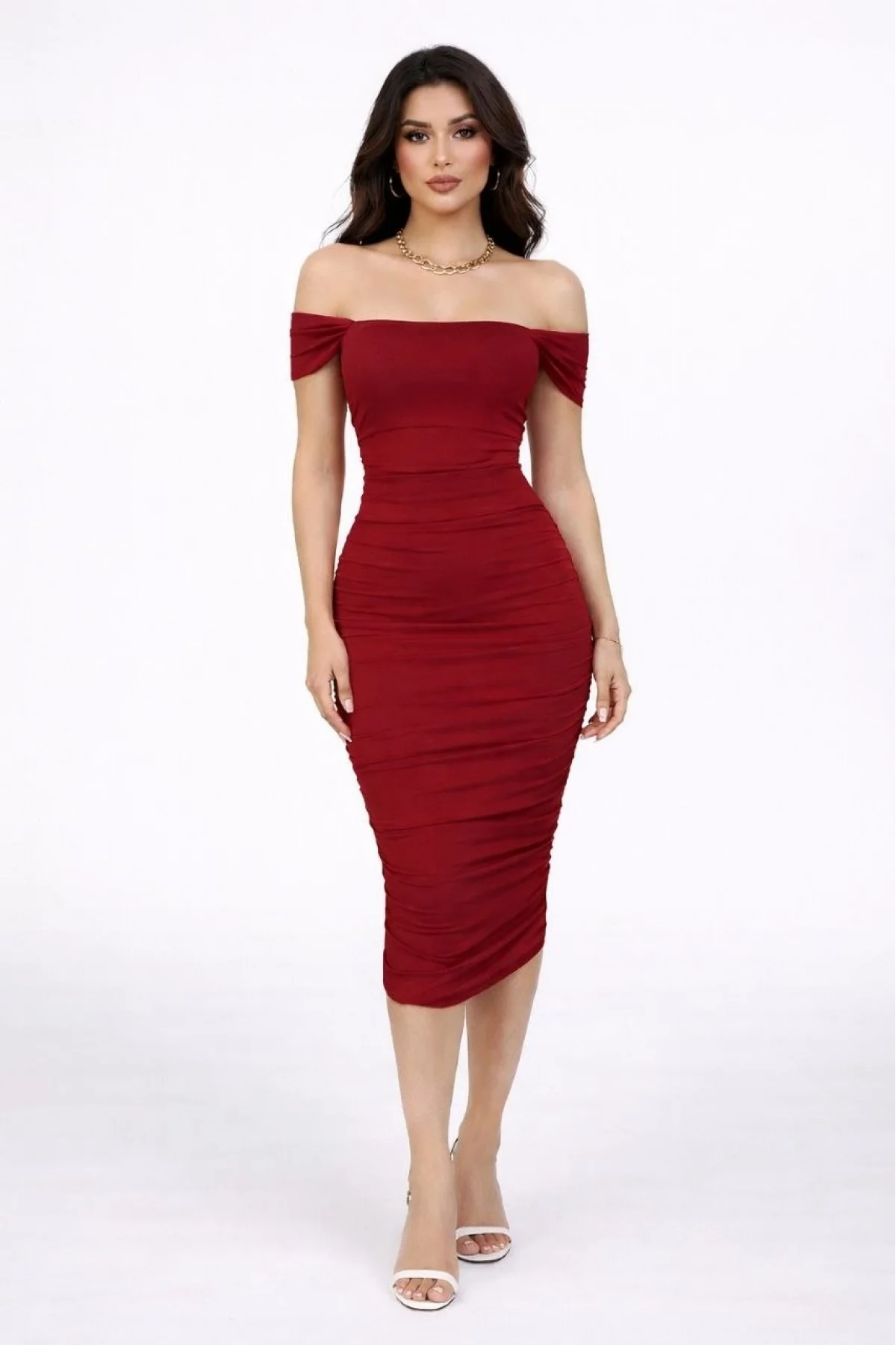 Kadın Madonna Yaka Drapeli Midi Elbise Likralı Vücuda Oturan Davet Elbisesi - Bordo