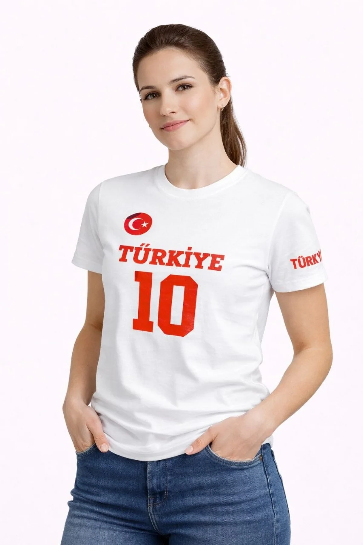 Kadın TÜRKİYE Ay Yıldız Baskılı 10 Numara Forma Tişört Taraftar T-Shirt - Beyaz