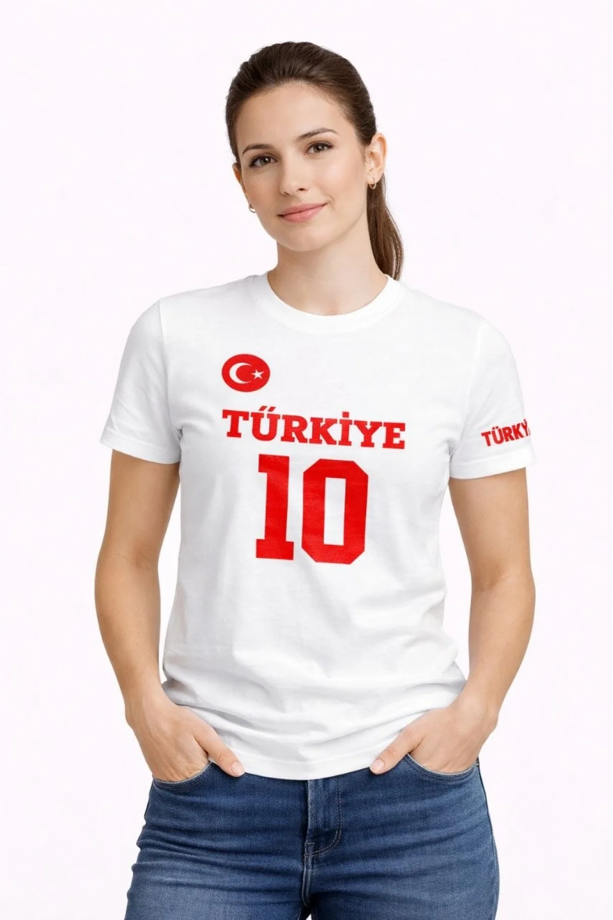 Kadın TÜRKİYE Ay Yıldız Baskılı 10 Numara Forma Tişört Taraftar T-Shirt - Beyaz