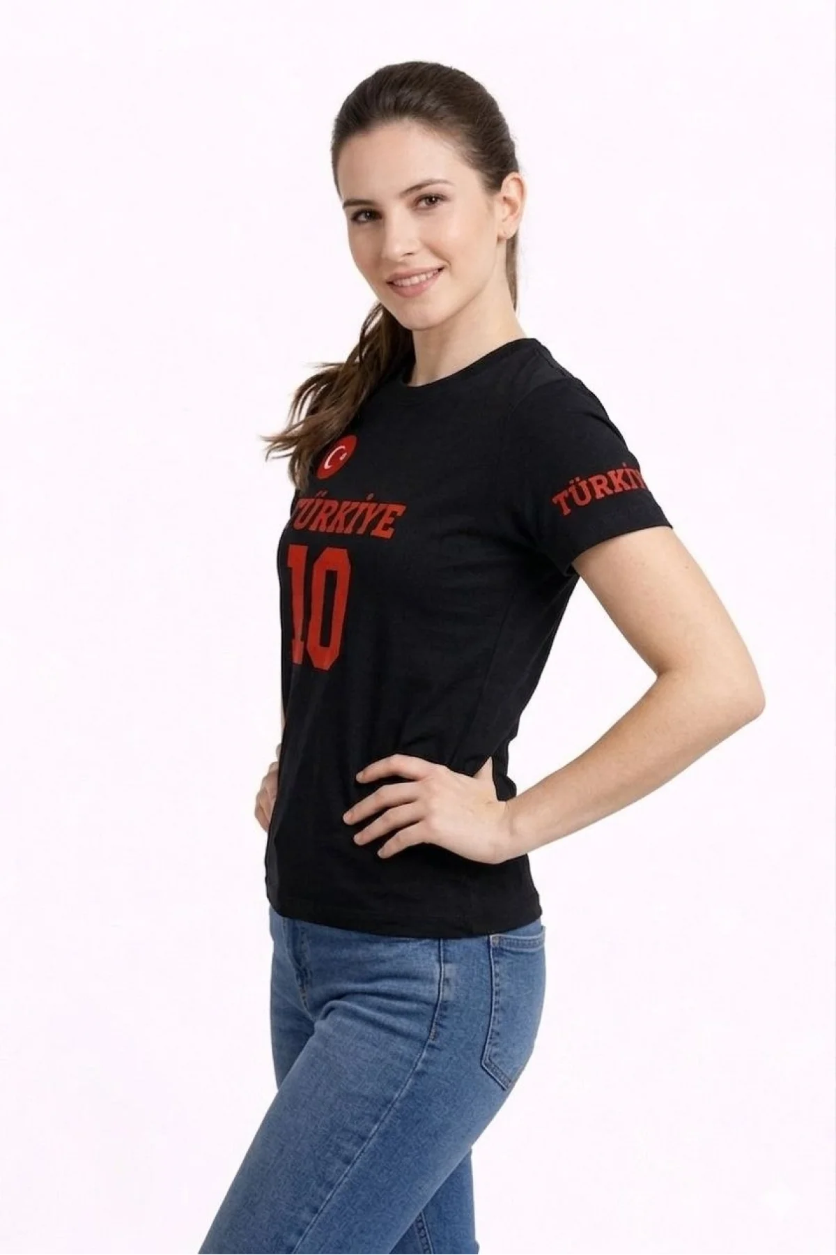 Kadın TÜRKİYE Ay Yıldız Baskılı 10 Numara Forma Tişört Taraftar T-Shirt - Siyah