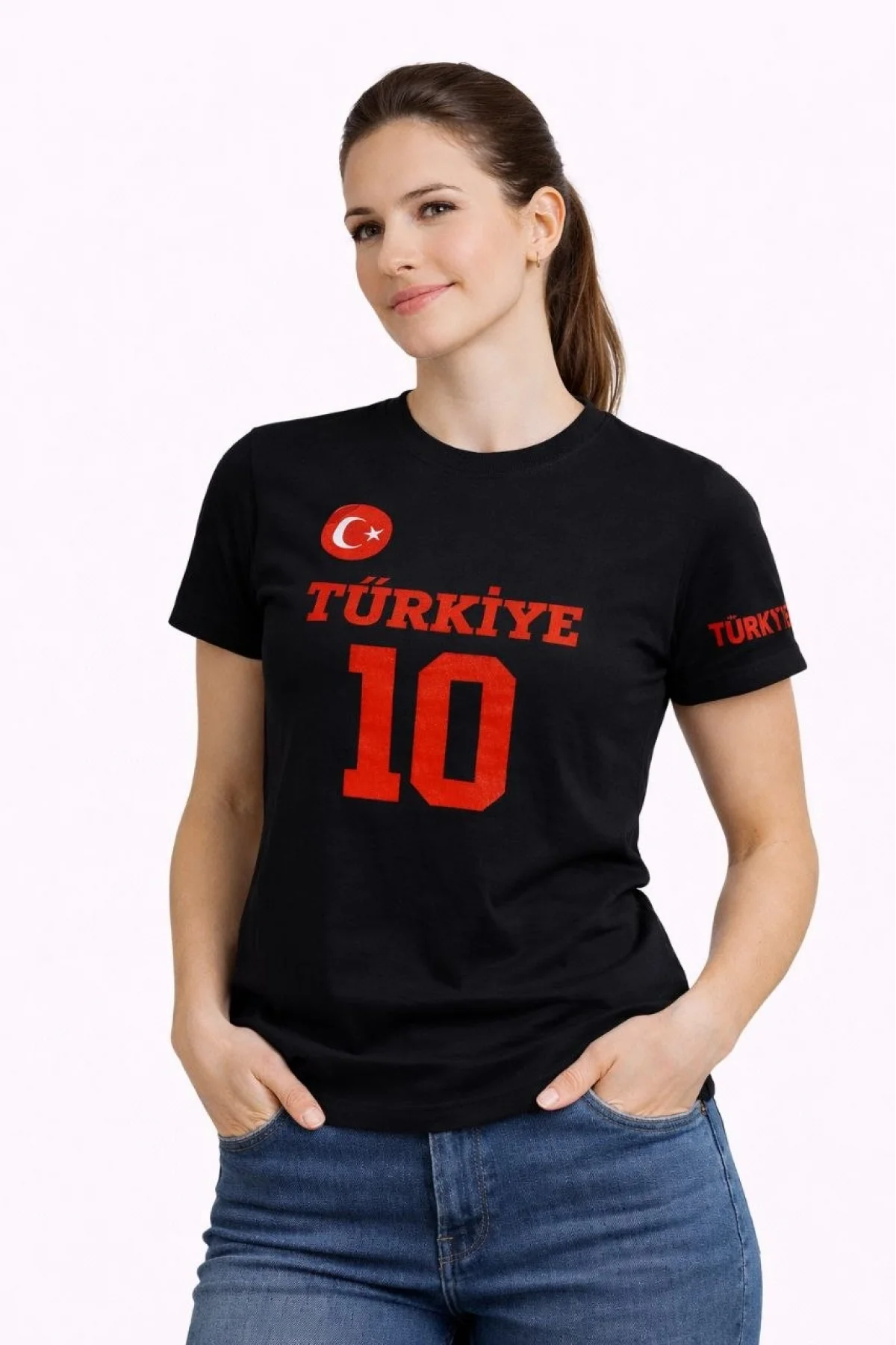 Kadın TÜRKİYE Ay Yıldız Baskılı 10 Numara Forma Tişört Taraftar T-Shirt - Siyah