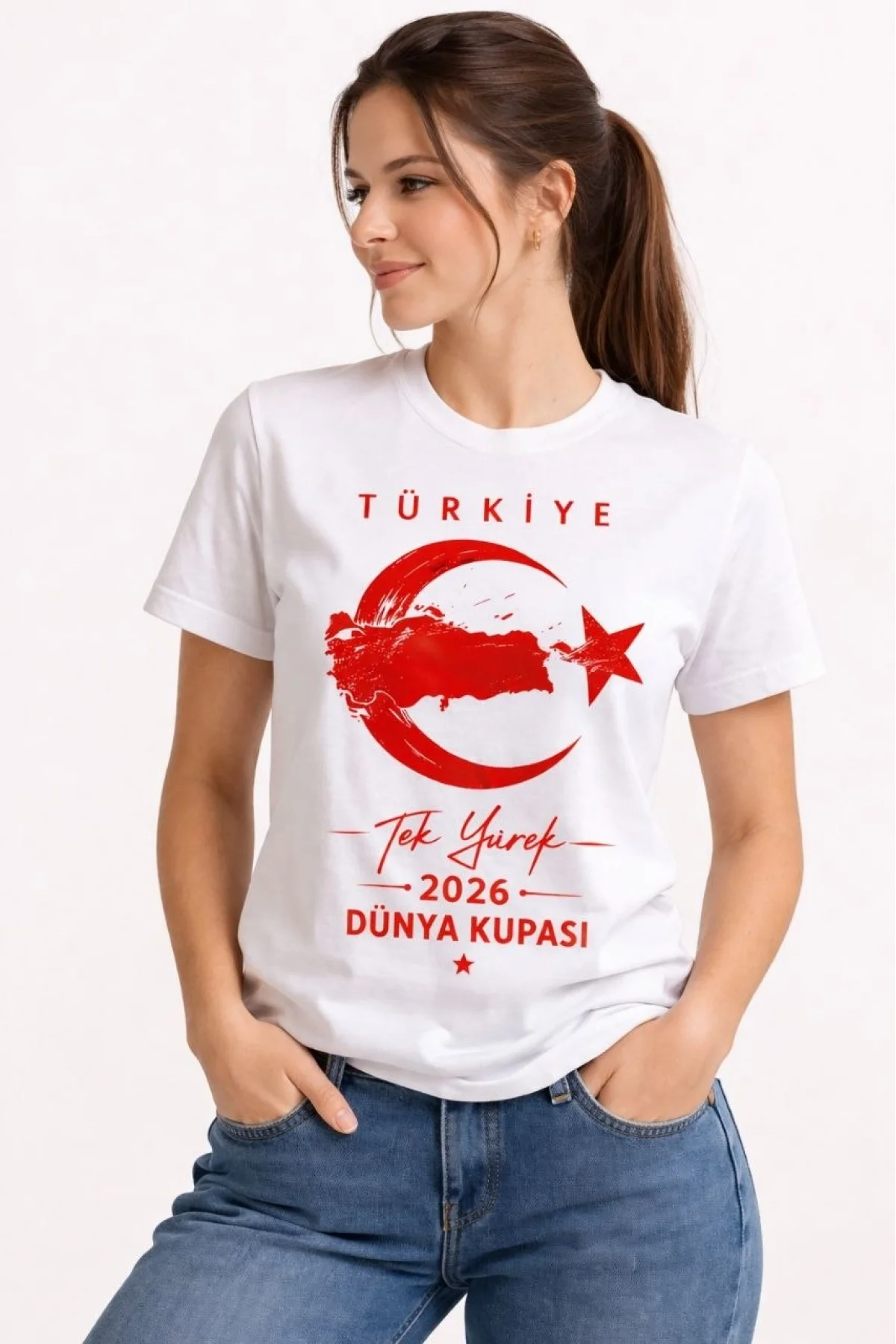 Kadın TÜRKİYE Ay Yıldız 2026 Dünya Kupasi Taraftar Forma T-Shirt - Beyaz