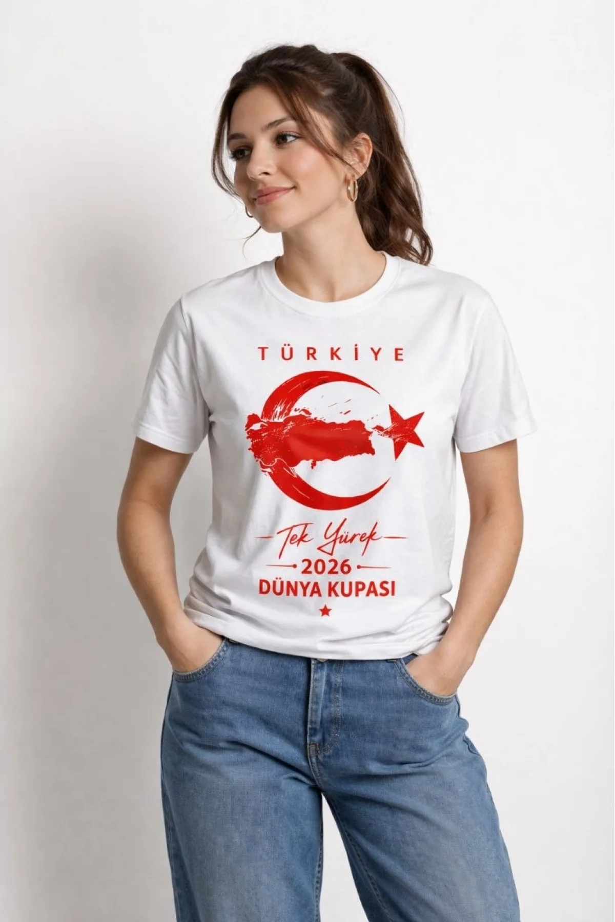 Kadın TÜRKİYE Ay Yıldız 2026 Dünya Kupasi Taraftar Forma T-Shirt - Beyaz