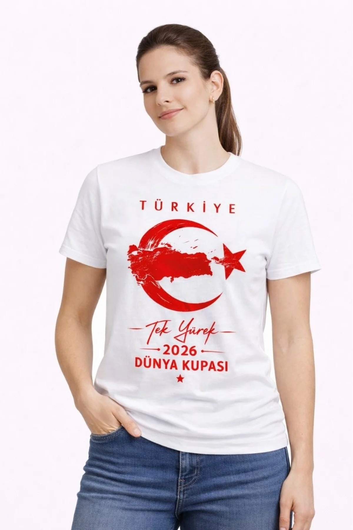 Kadın TÜRKİYE Ay Yıldız 2026 Dünya Kupasi Taraftar Forma T-Shirt - Beyaz
