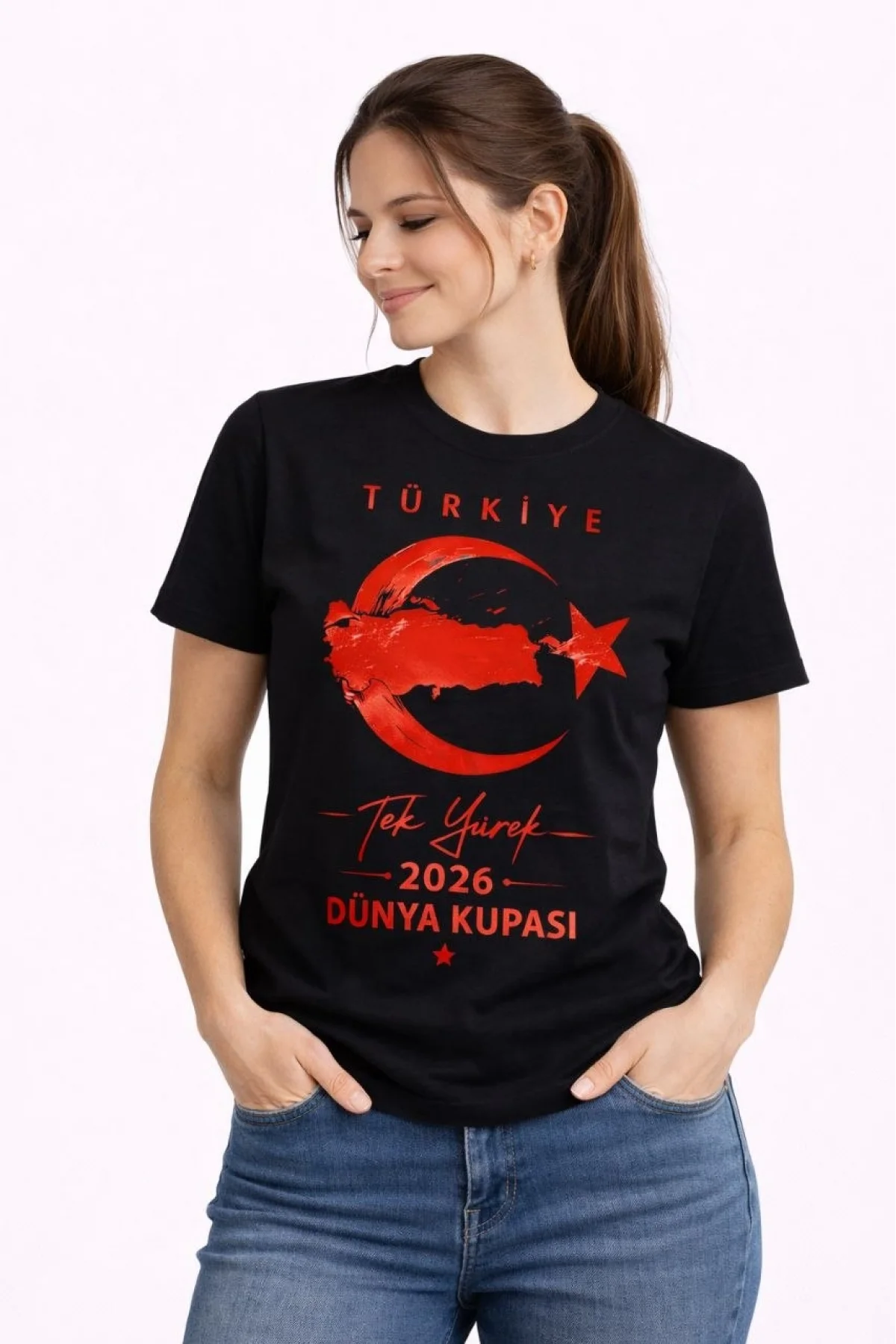 Kadın TÜRKİYE Ay Yıldız 2026 Dünya Kupasi Taraftar Forma T-Shirt - Siyah