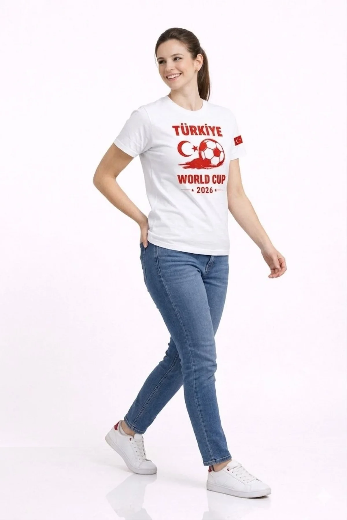 Kadın Türkiye World Cup 2026 Baskılı Tişört Futbol Temalı Forma T-Shirt - Beyaz