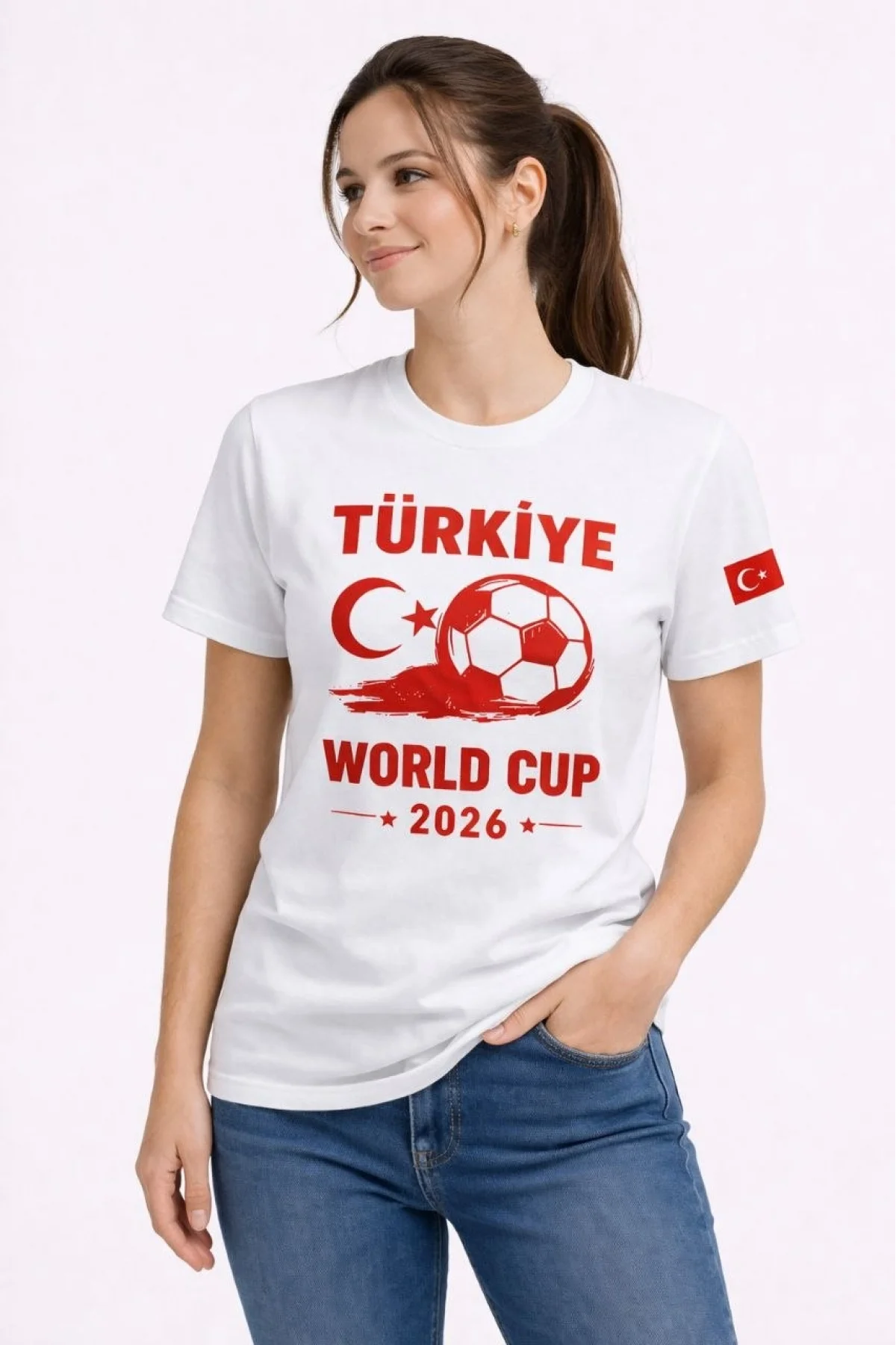 Kadın Türkiye World Cup 2026 Baskılı Tişört Futbol Temalı Forma T-Shirt - Beyaz
