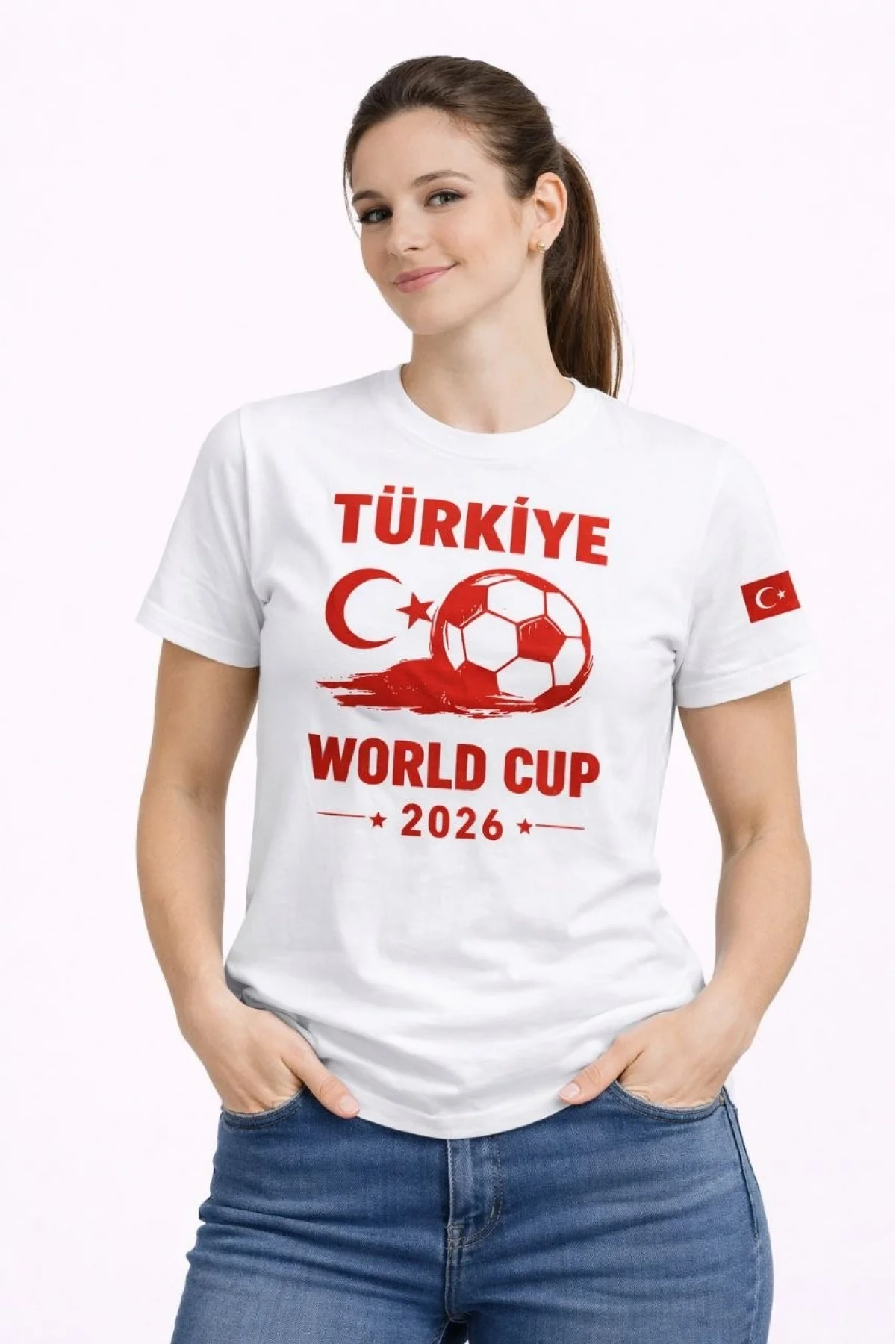Kadın Türkiye World Cup 2026 Baskılı Tişört Futbol Temalı Forma T-Shirt - Beyaz