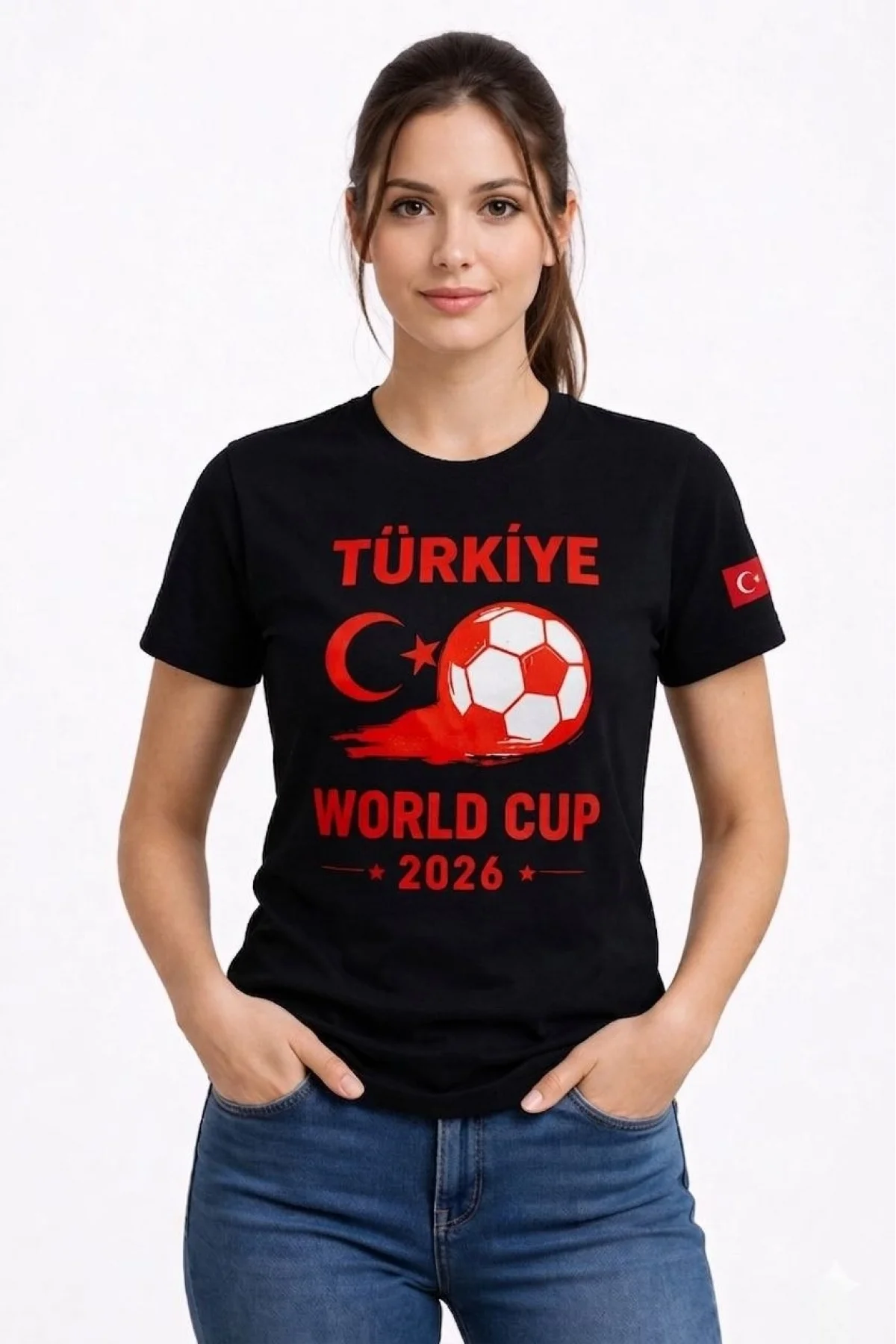 Kadın Türkiye World Cup 2026 Baskılı Tişört Futbol Temalı Forma T-Shirt - Siyah